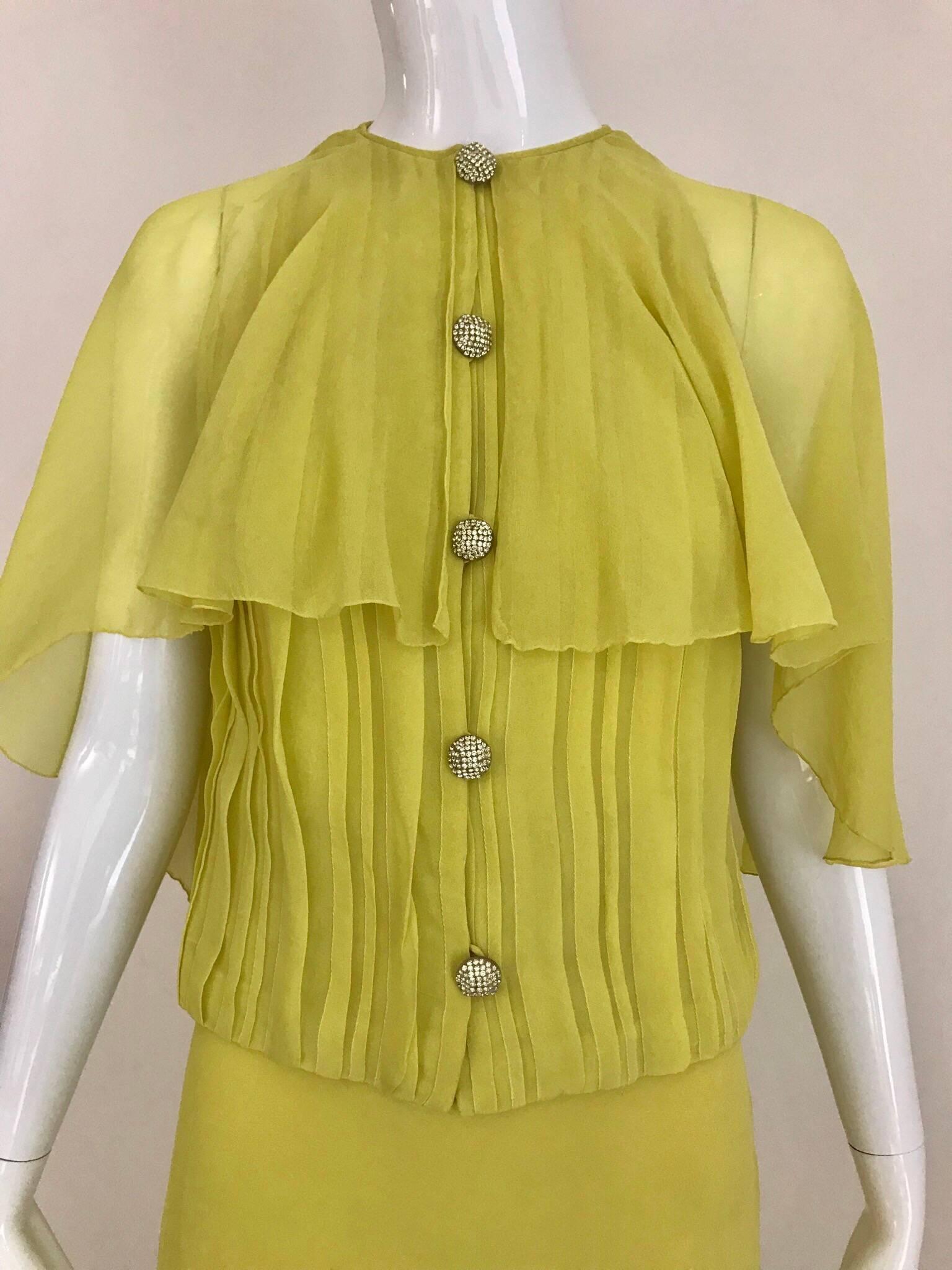 Yellow Vintage Galanos Chartruese Silk Blouse and Skirt Set 1970s