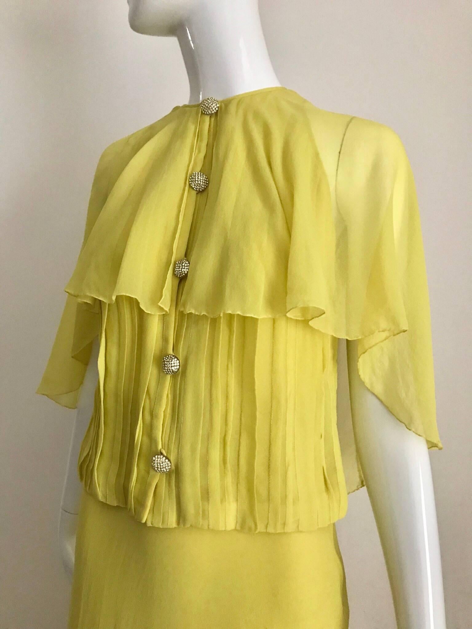 Women's Vintage Galanos Chartruese Silk Blouse and Skirt Set 1970s