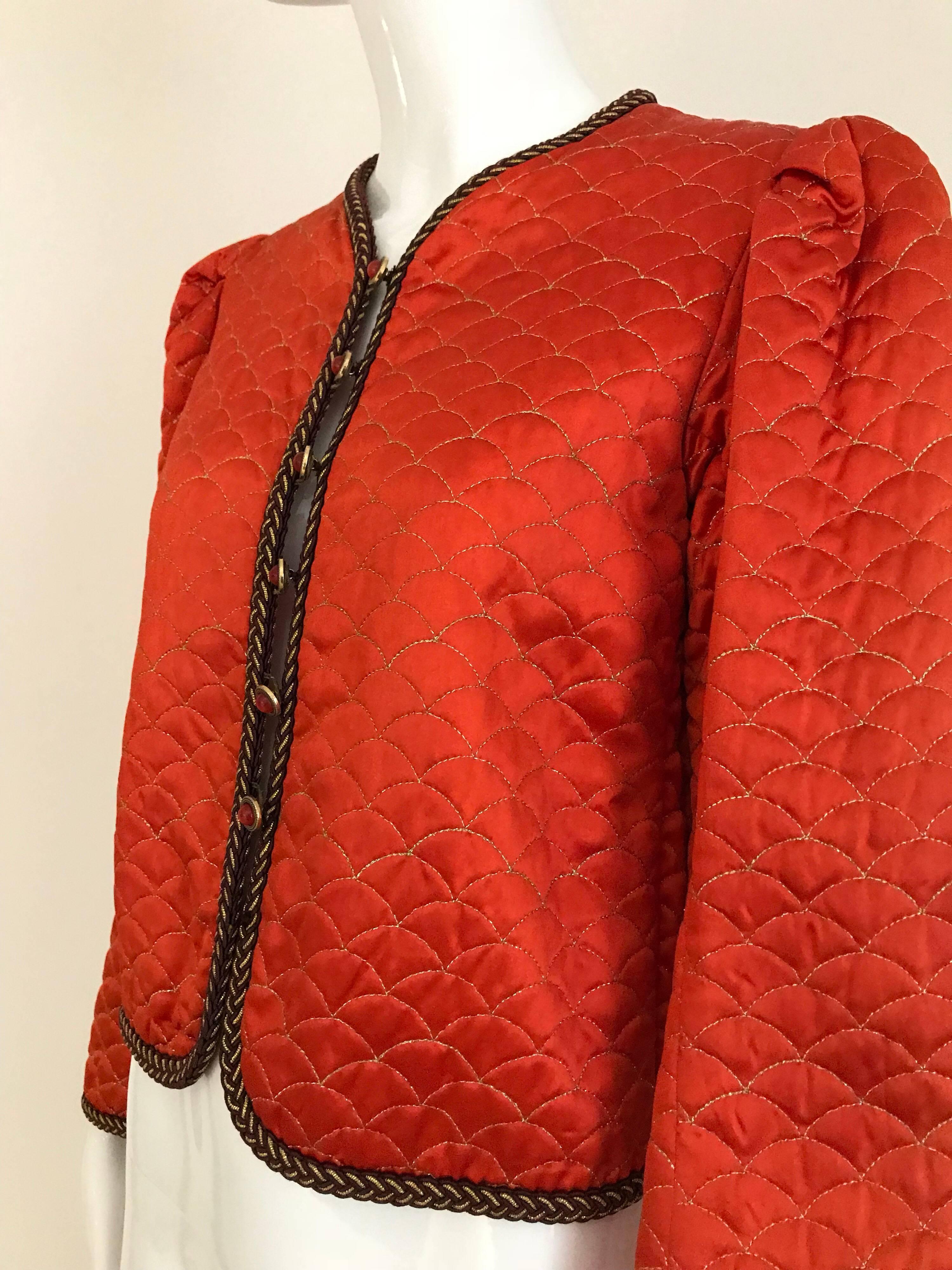 Red Vintage Saint Laurent Mandarin Orange Silk Jacket 1980s 