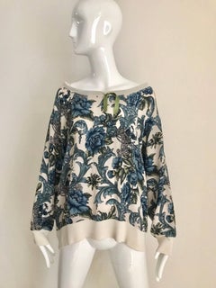 Salvatore Ferragamo Vintage Blue and Creme Floral Prints Silk Blouse, 1980s
