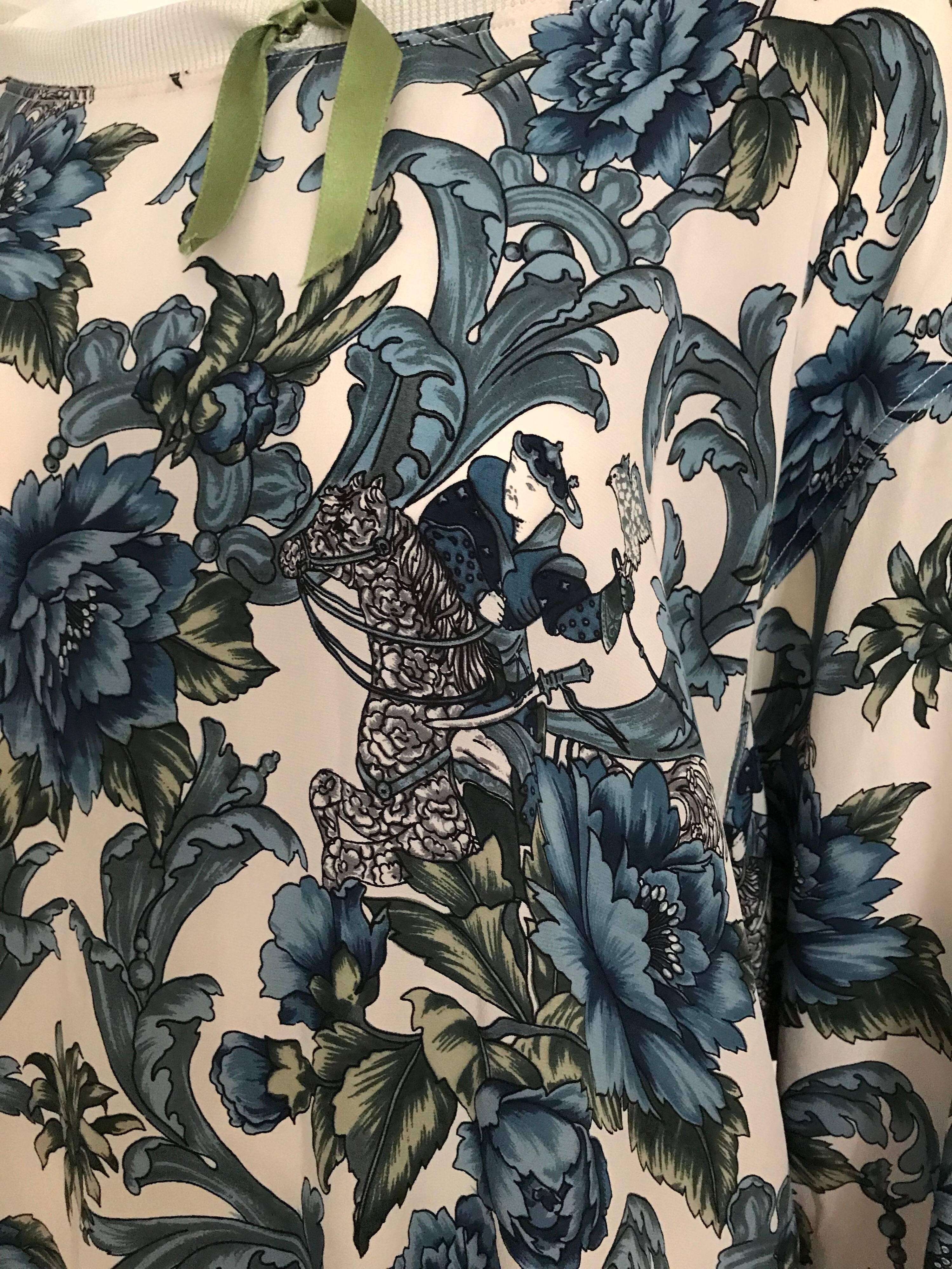 Black Salvatore Ferragamo Vintage Blue and Creme Floral Prints Silk Blouse, 1980s 