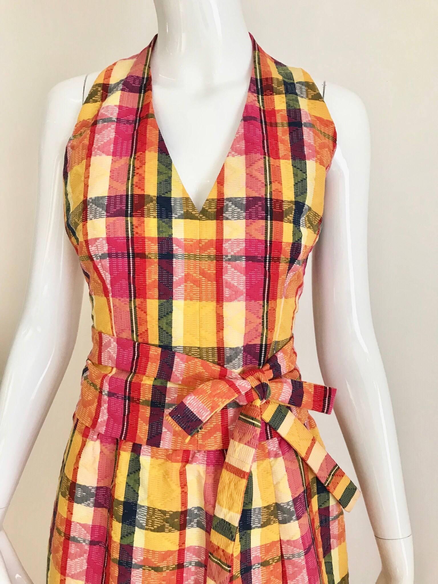 Vintage Givenchy Yellow, orange plaid cotton summer/vacation halter top and maxi skirt set.
Fit size 4