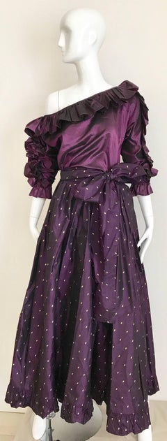 Saint Laurent Rive Gauche Purple Silk Blouse and Maxi Skirt Ensemble, 1990s
