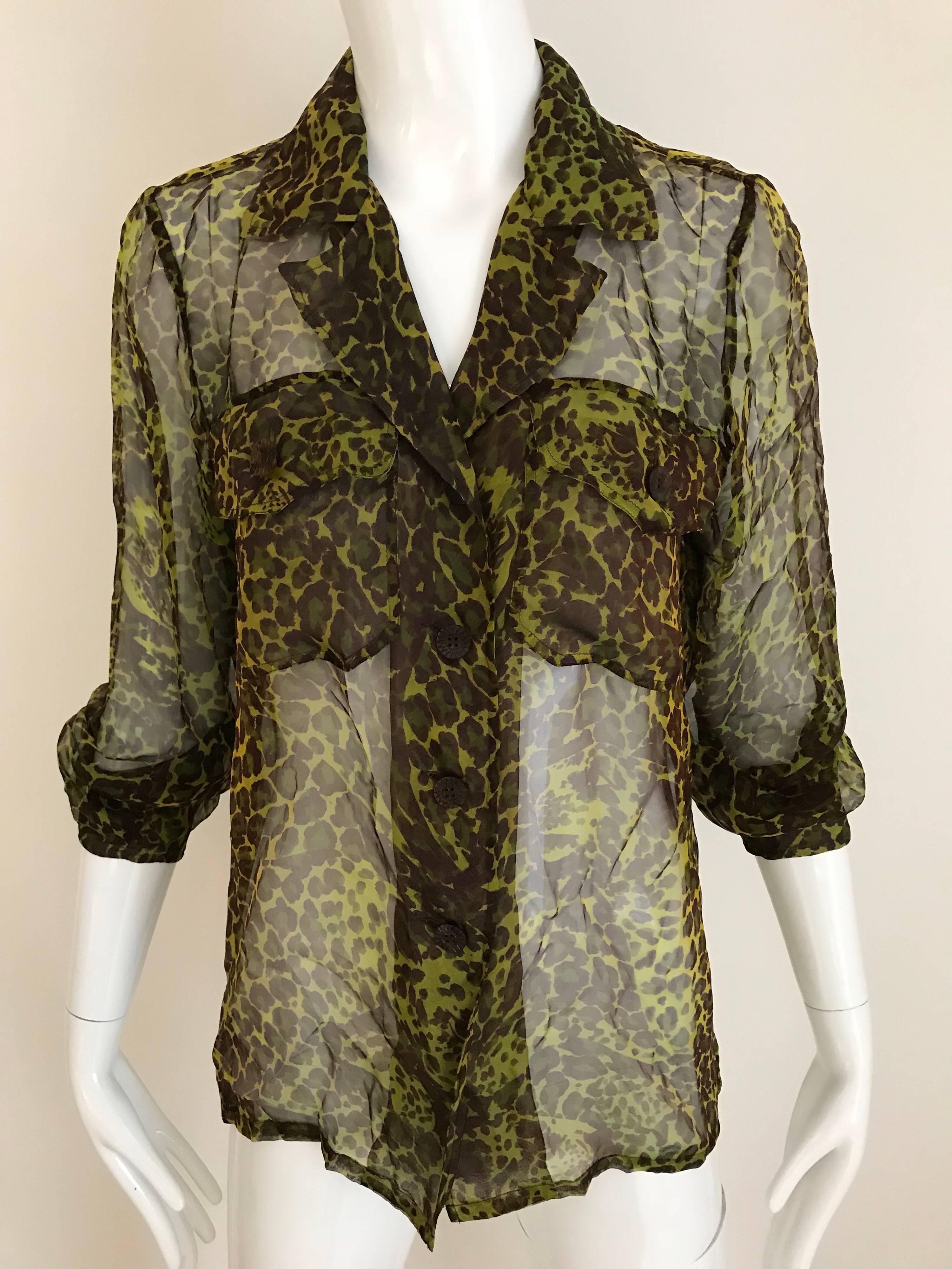 Women's 1990s Yves Saint Laurent Green and Brown Leopard Print Silk Blouse 