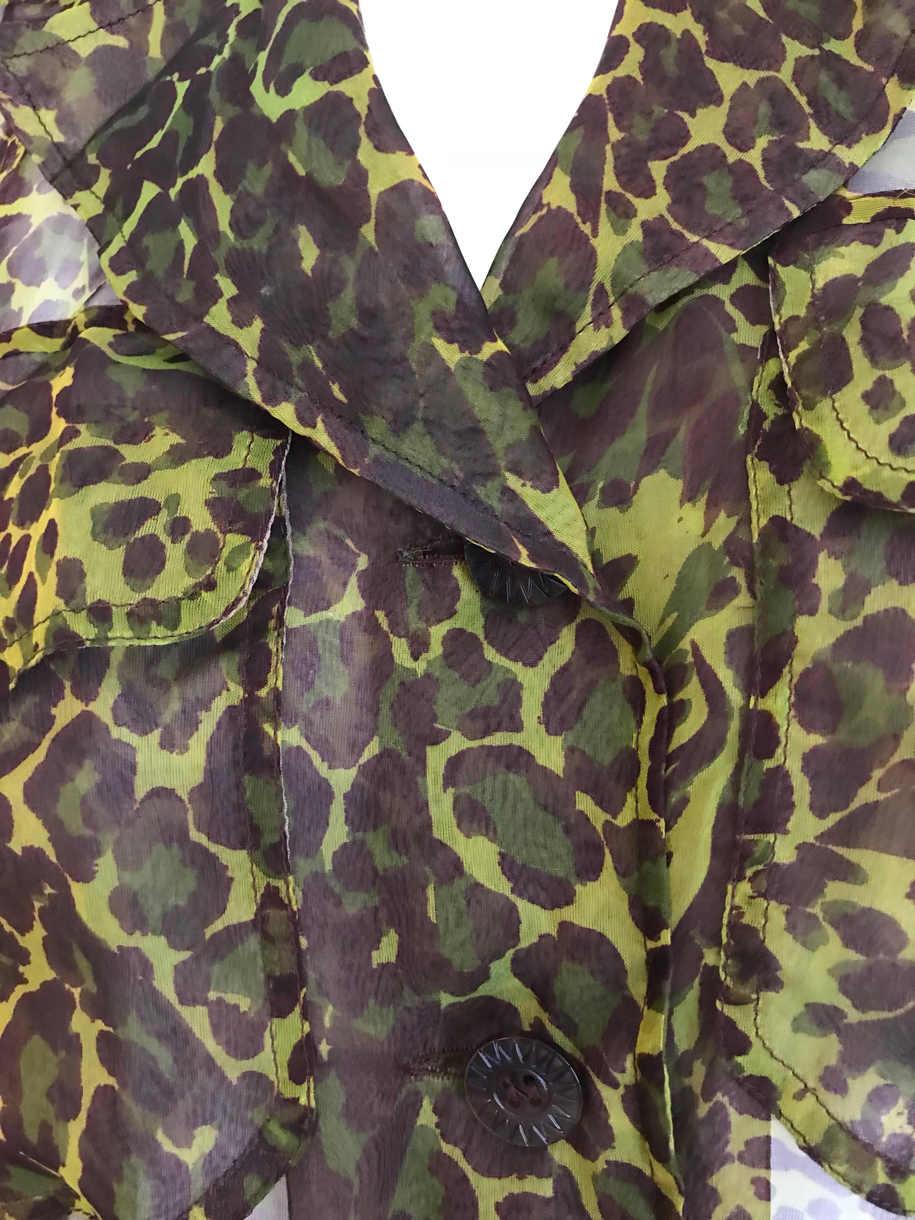 1990s Yves Saint Laurent Green and Brown Leopard Print Silk Blouse  1