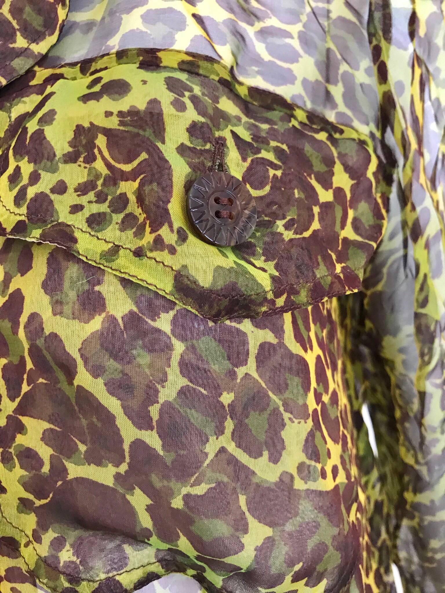 Beige 1990s Yves Saint Laurent Green and Brown Leopard Print Silk Blouse 