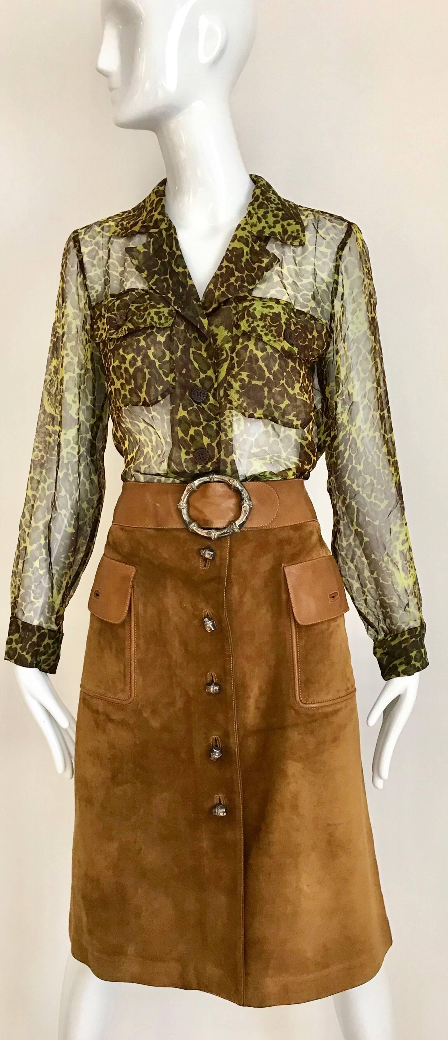 1990s Yves Saint Laurent Green and Brown Leopard Print Silk Blouse  3