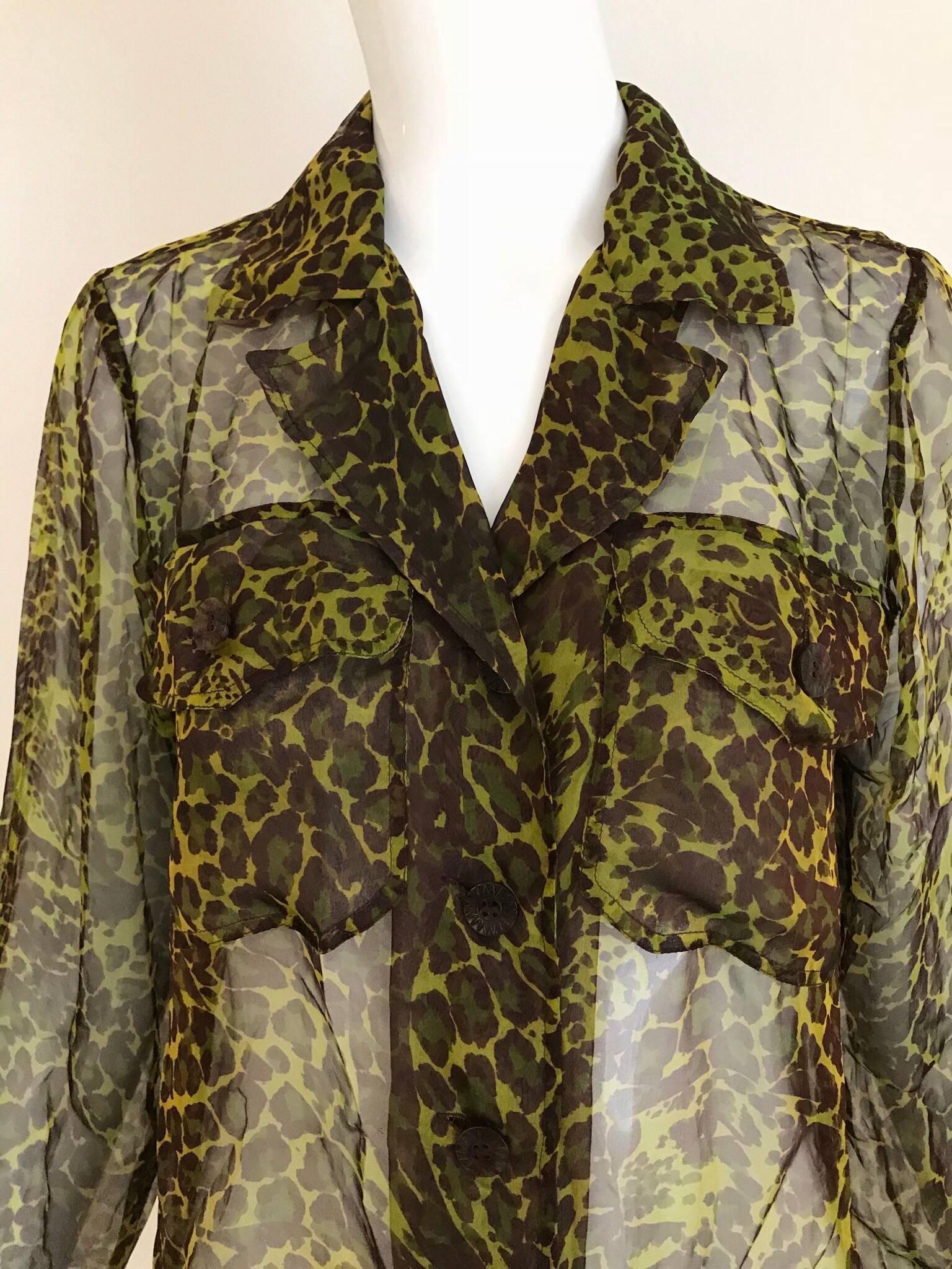 1990s Yves Saint Laurent Green and Brown Leopard Print Silk Blouse  In Excellent Condition In Beverly Hills, CA