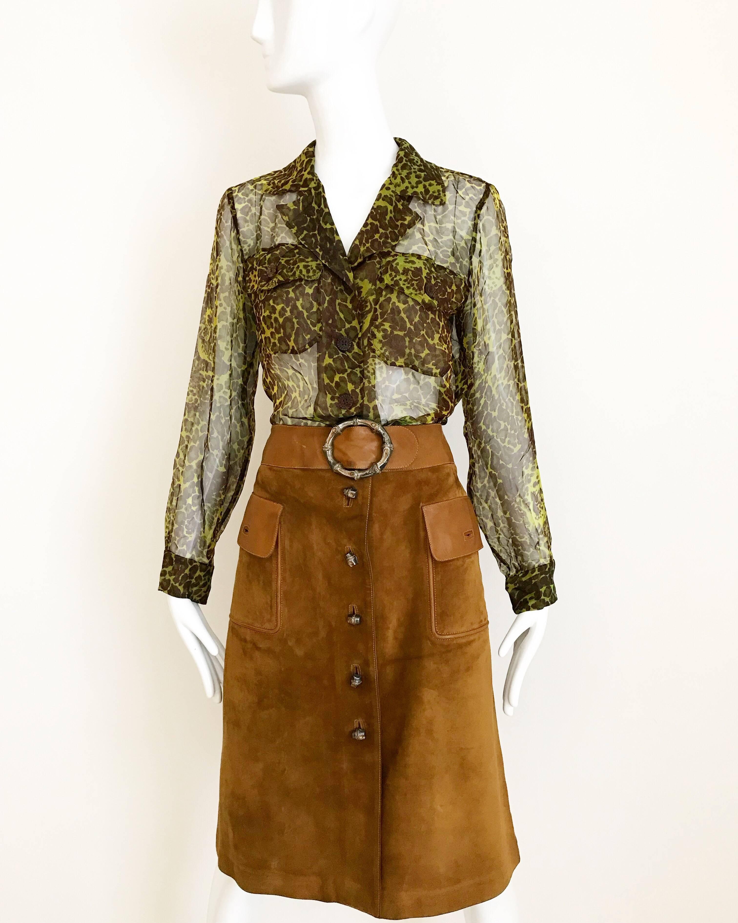 1990s Yves Saint Laurent Green and Brown Leopard Print Silk Blouse  2