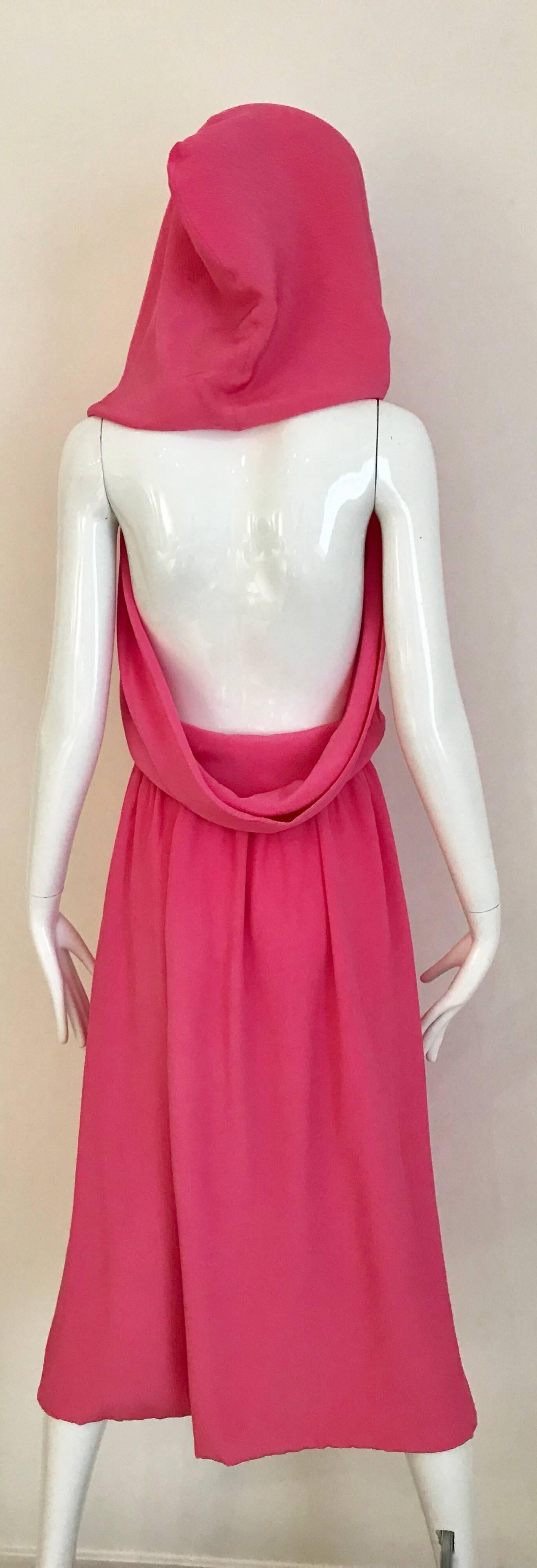 Women's 1970s Pink Crepe De Chine Summer Cocktial Dress with hood