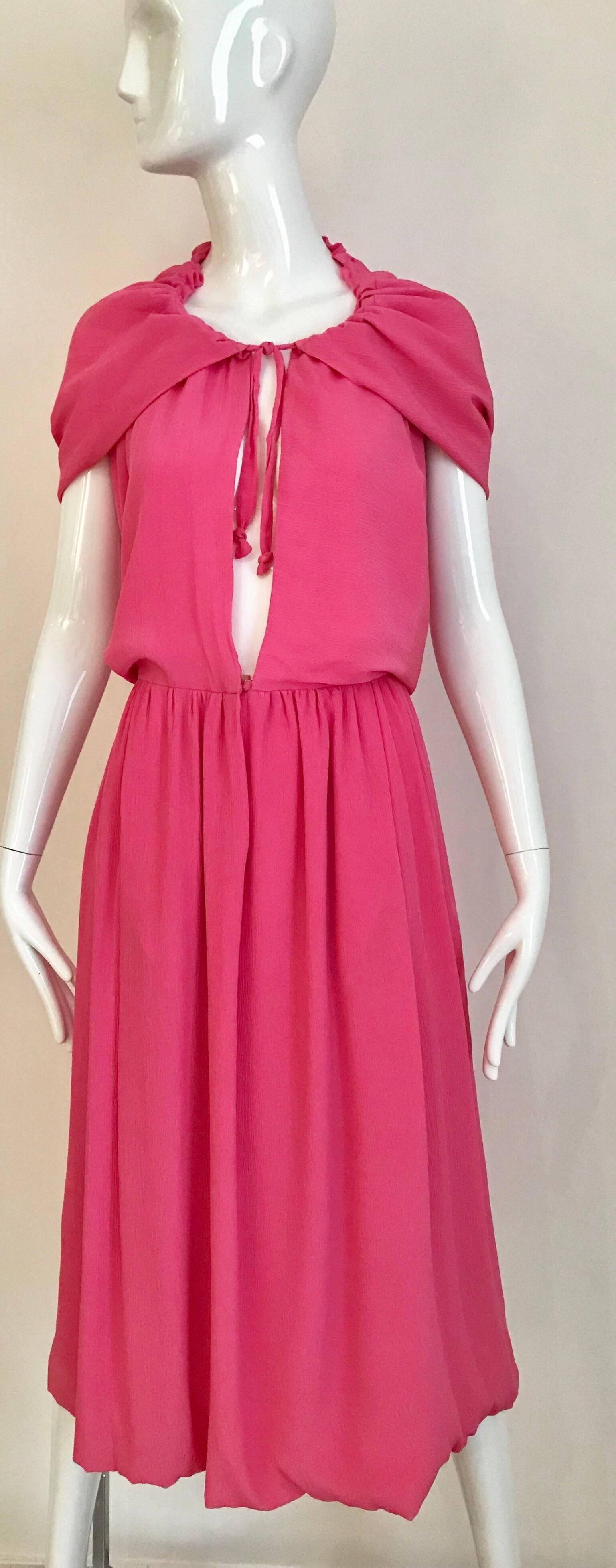 1970s Pink Crepe De Chine Summer Cocktial Dress with hood 2