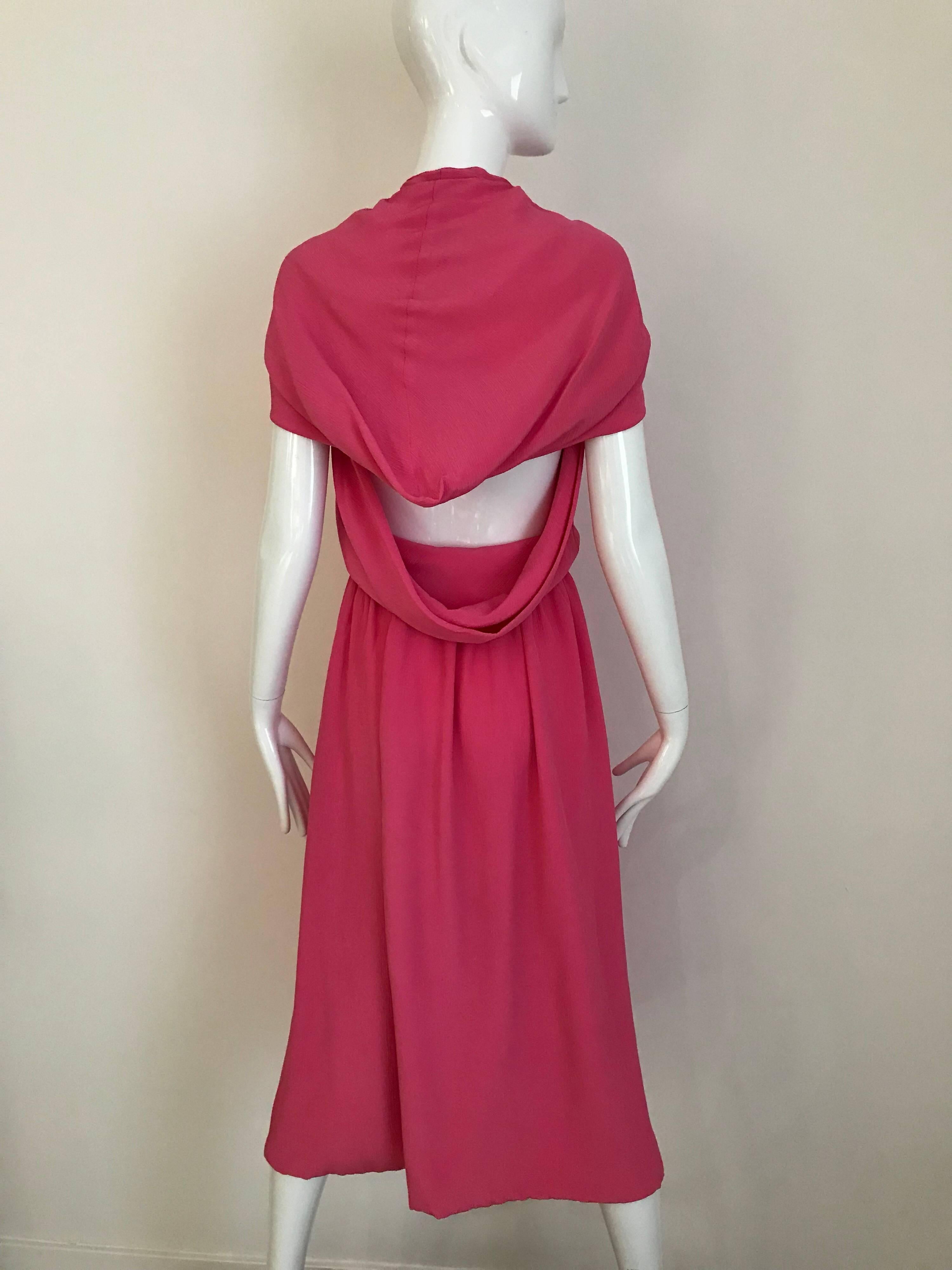 1970s Pink Crepe De Chine Summer Cocktial Dress with hood 6