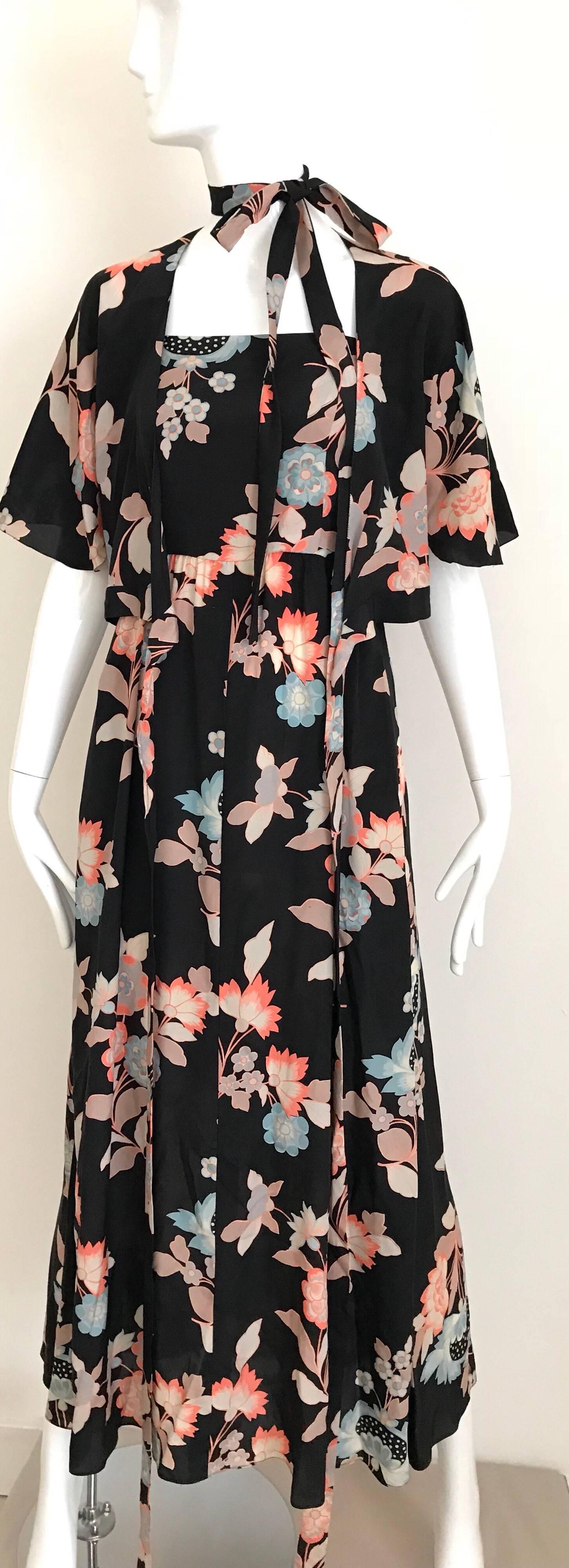 Chloé Floral Print Silk Dress with Capelet, 1970s  3