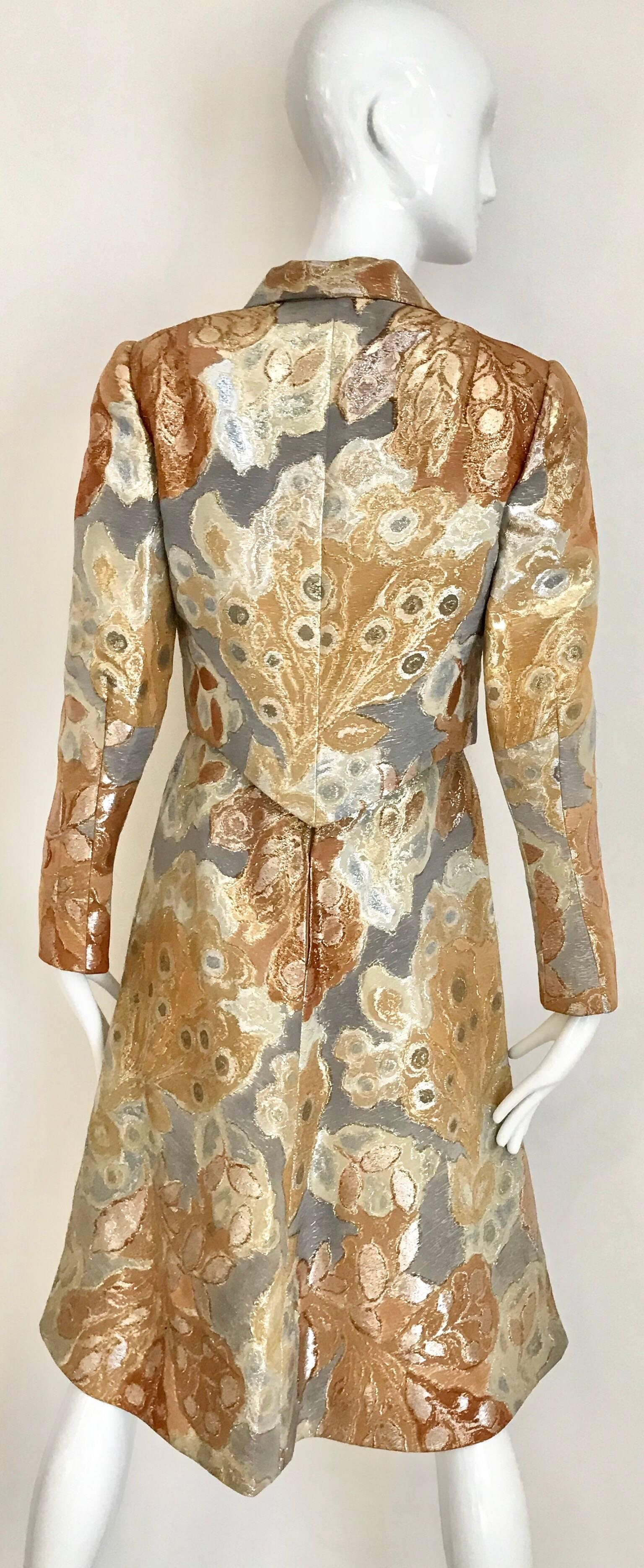 Brown 1970s Pauline Trigère Gold Metallic Brocade Dress Jacket Set For Sale