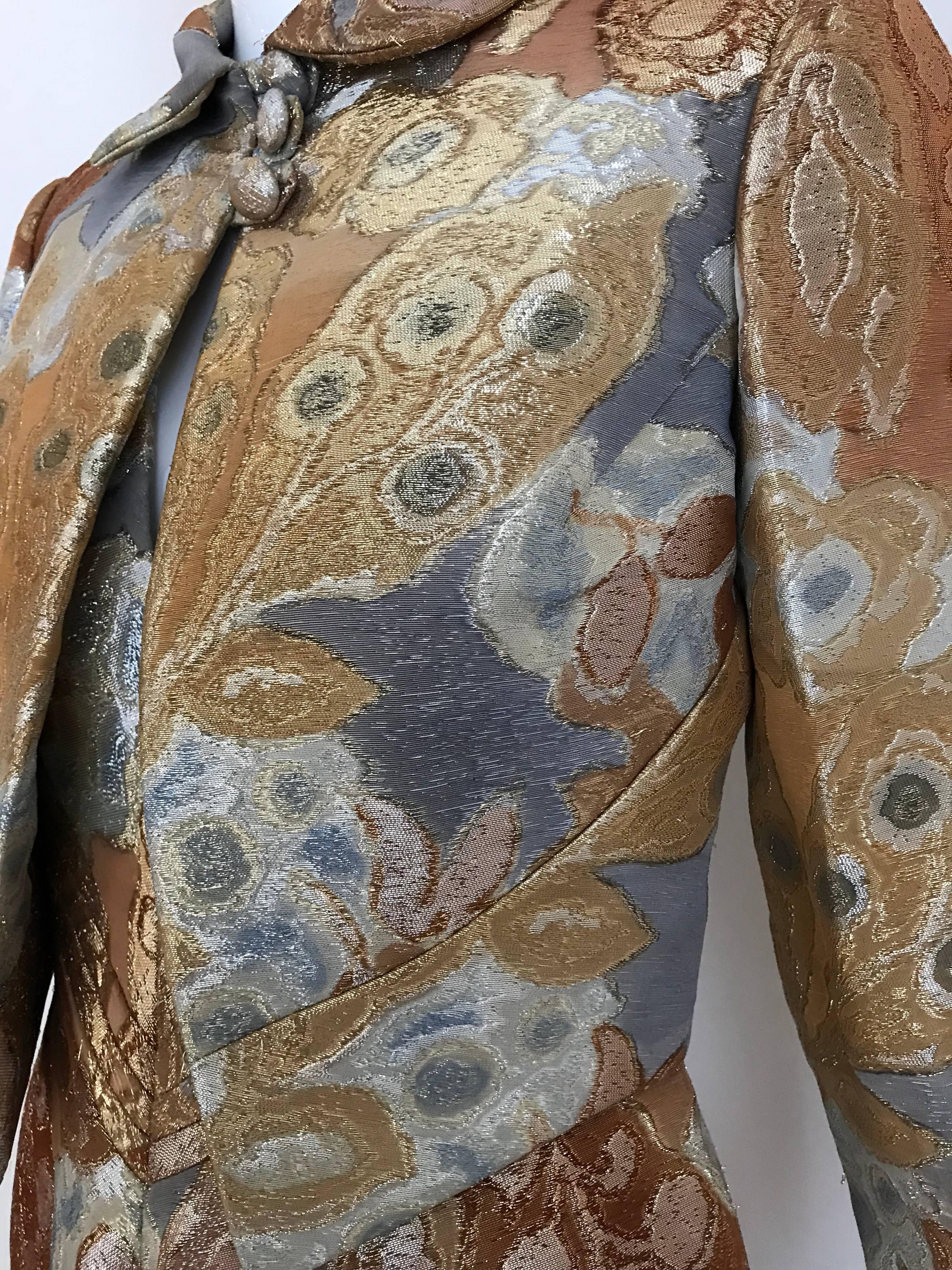 1970s Pauline Trigère Gold Metallic Brocade Dress Jacket Set For Sale 1