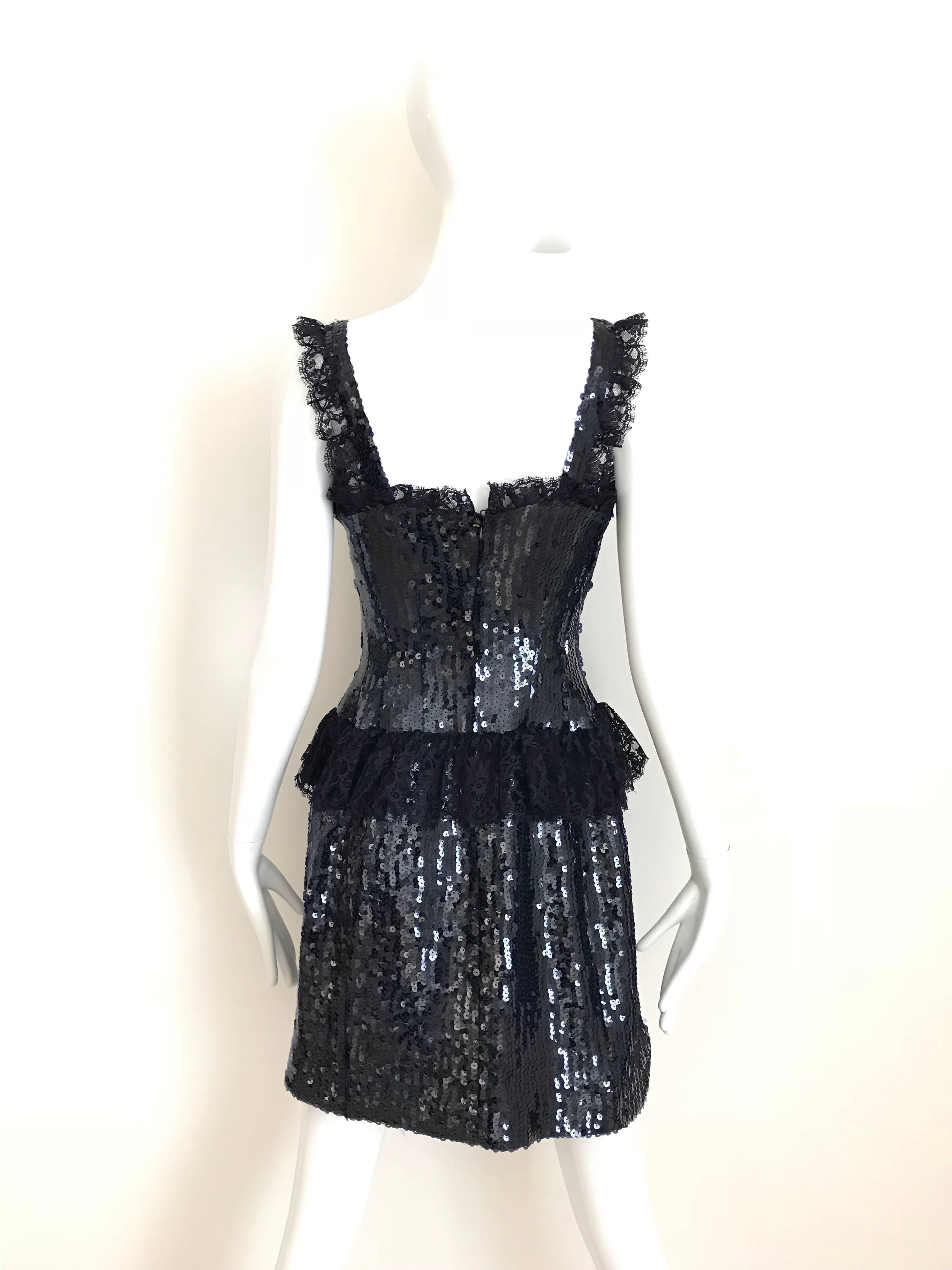 Black 1980s Chanel Navy Blue Sequin Cocktail Dress