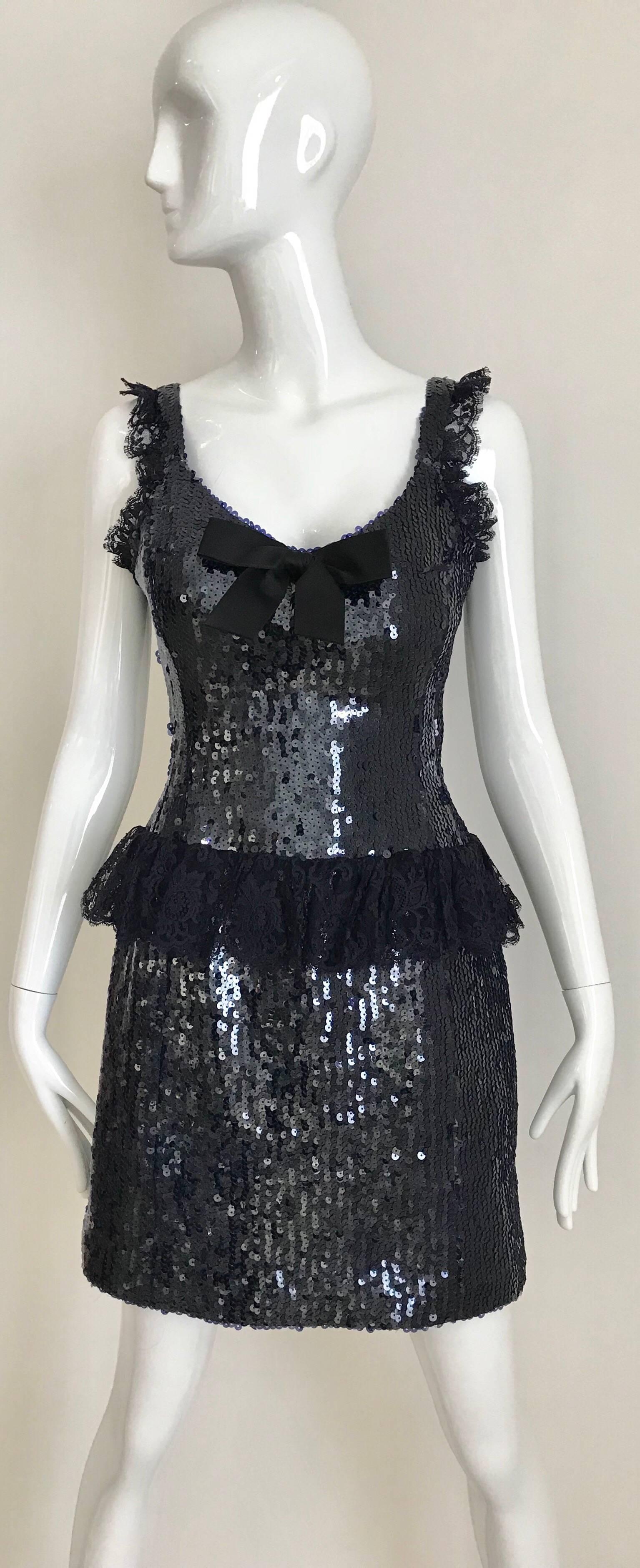 1980s Chanel Navy Blue Sequin Cocktail Dress 5
