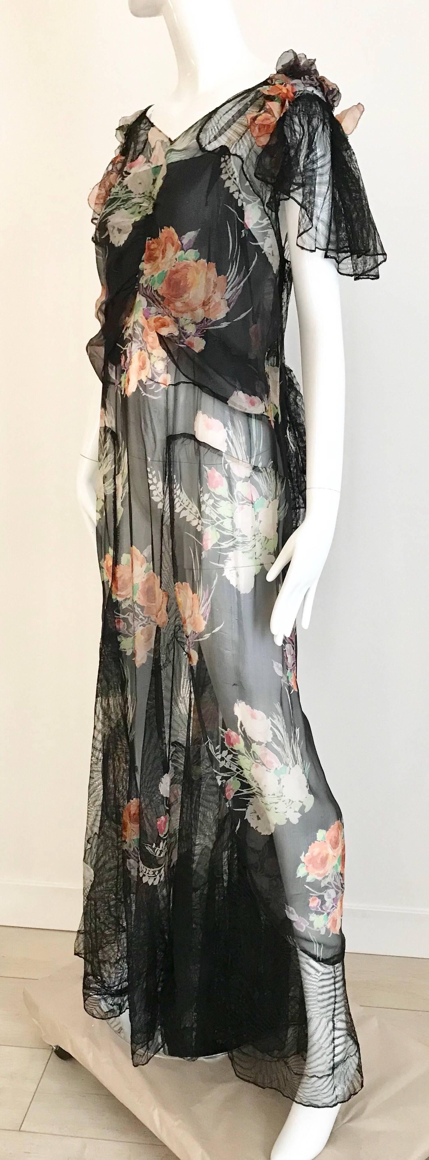  Floral Print Silk and Lace Gown, 1930s  1