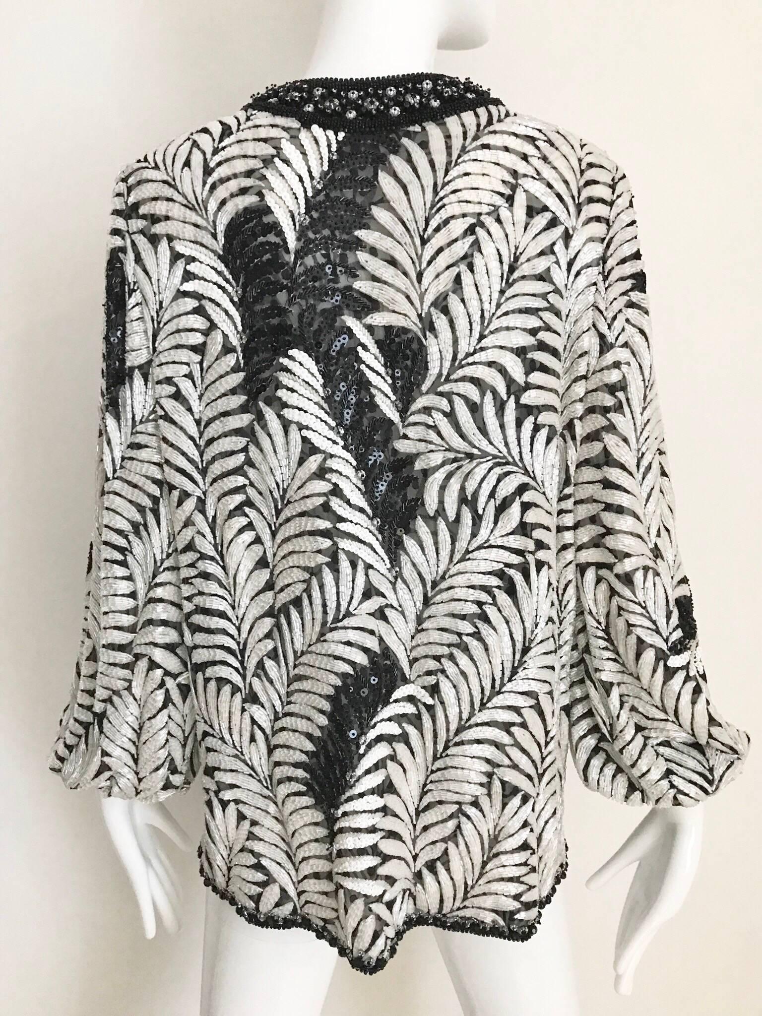 Galanos Black and White Leaf Motif Beaded Jacket, 1980s   In Excellent Condition In Beverly Hills, CA