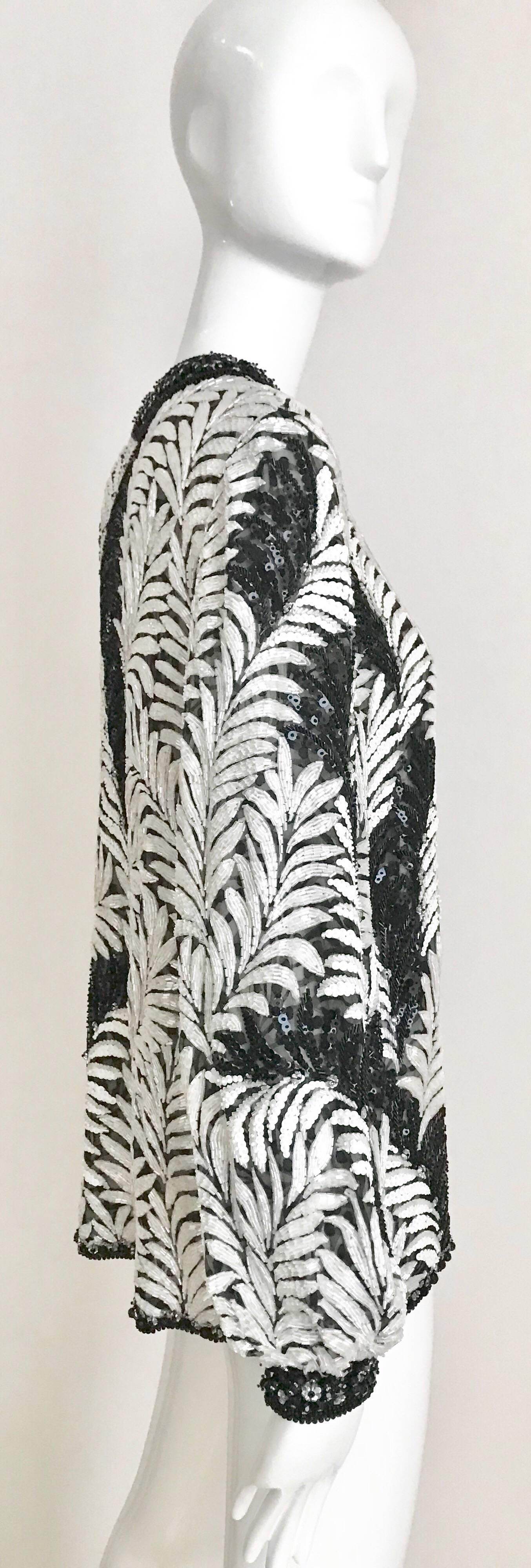 Galanos Black and White Leaf Motif Beaded Jacket, 1980s   3