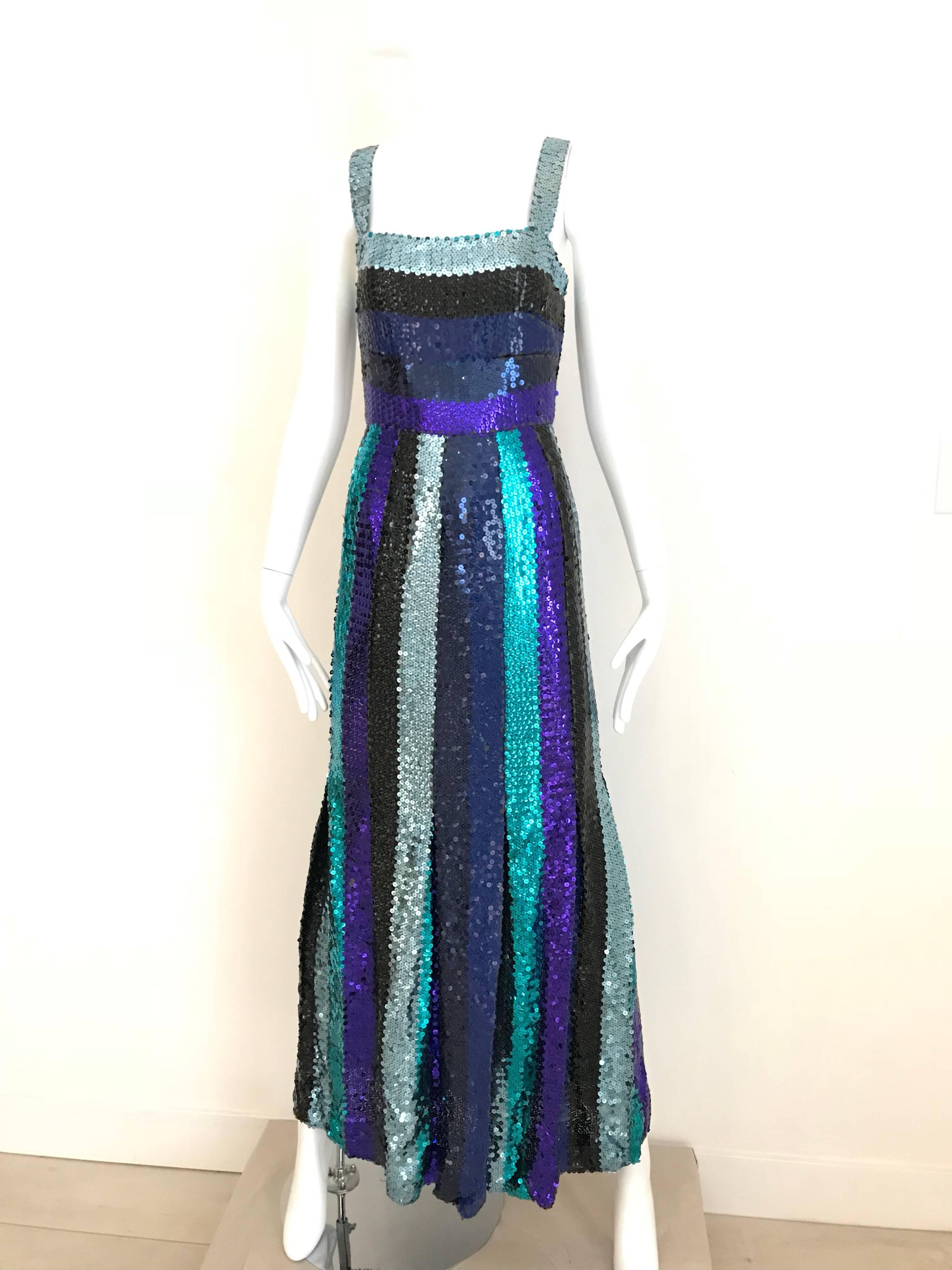 Givenchy Spaghetti Strap Blue Sequins Cocktail Dress, 1960s  For Sale 1