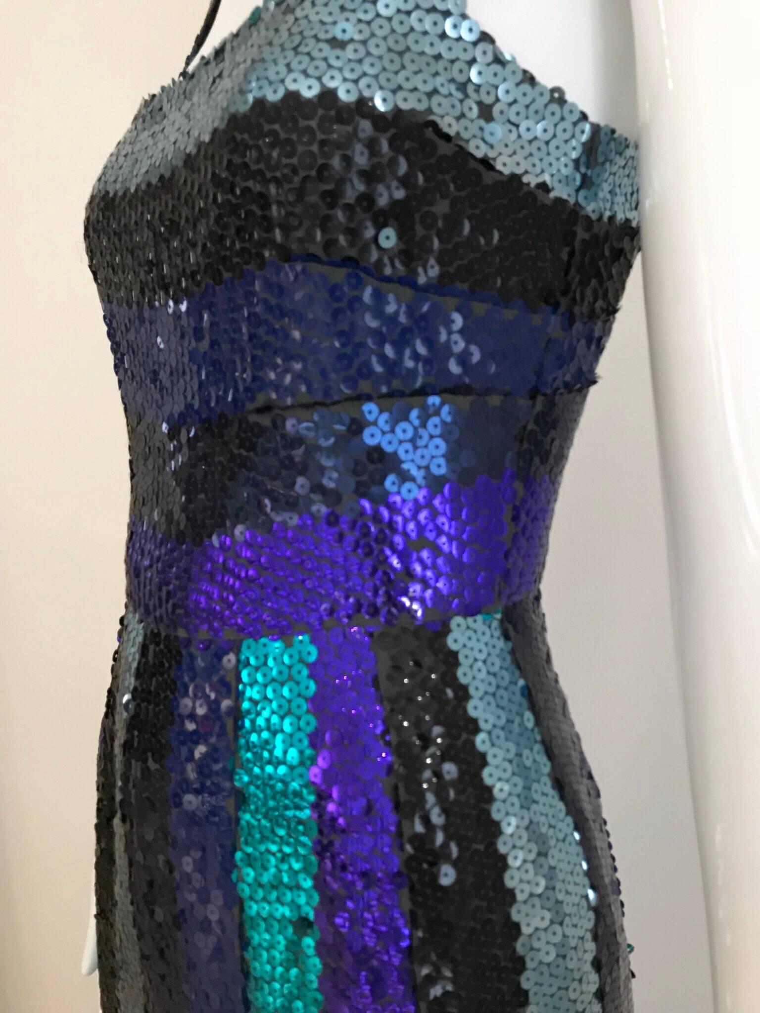 Givenchy Spaghetti Strap Blue Sequins Cocktail Dress, 1960s  For Sale 5