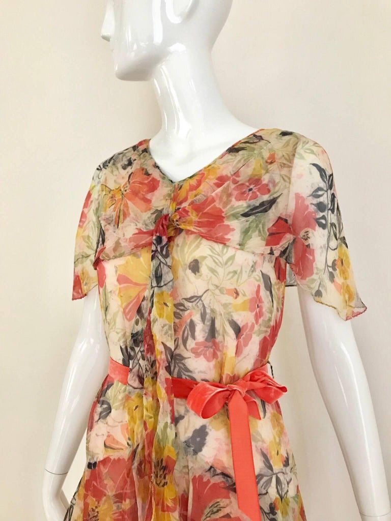 1920s Floral Print Silk Chiffon Summer Day Dress at 1stDibs | 1920s ...