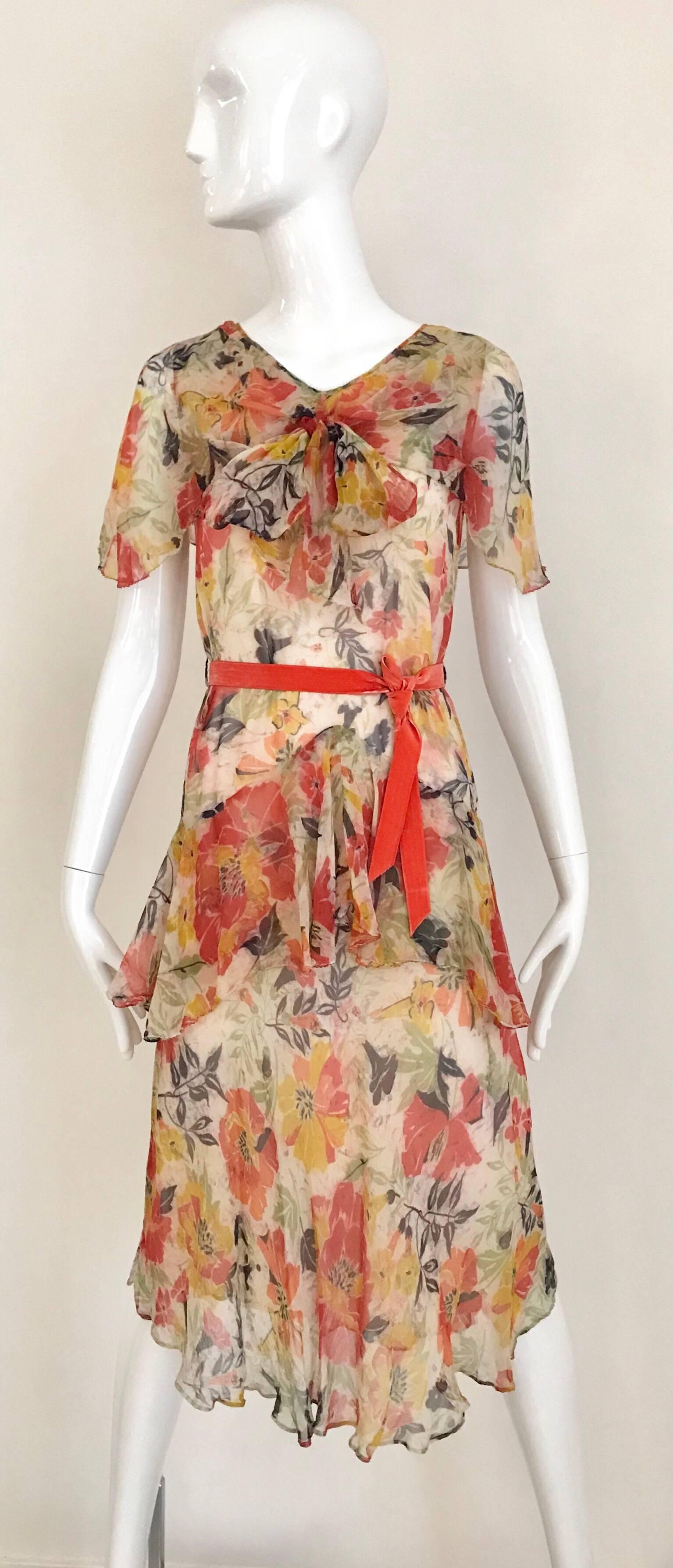 Beige 1920s Floral Print Silk Chiffon Summer Day Dress