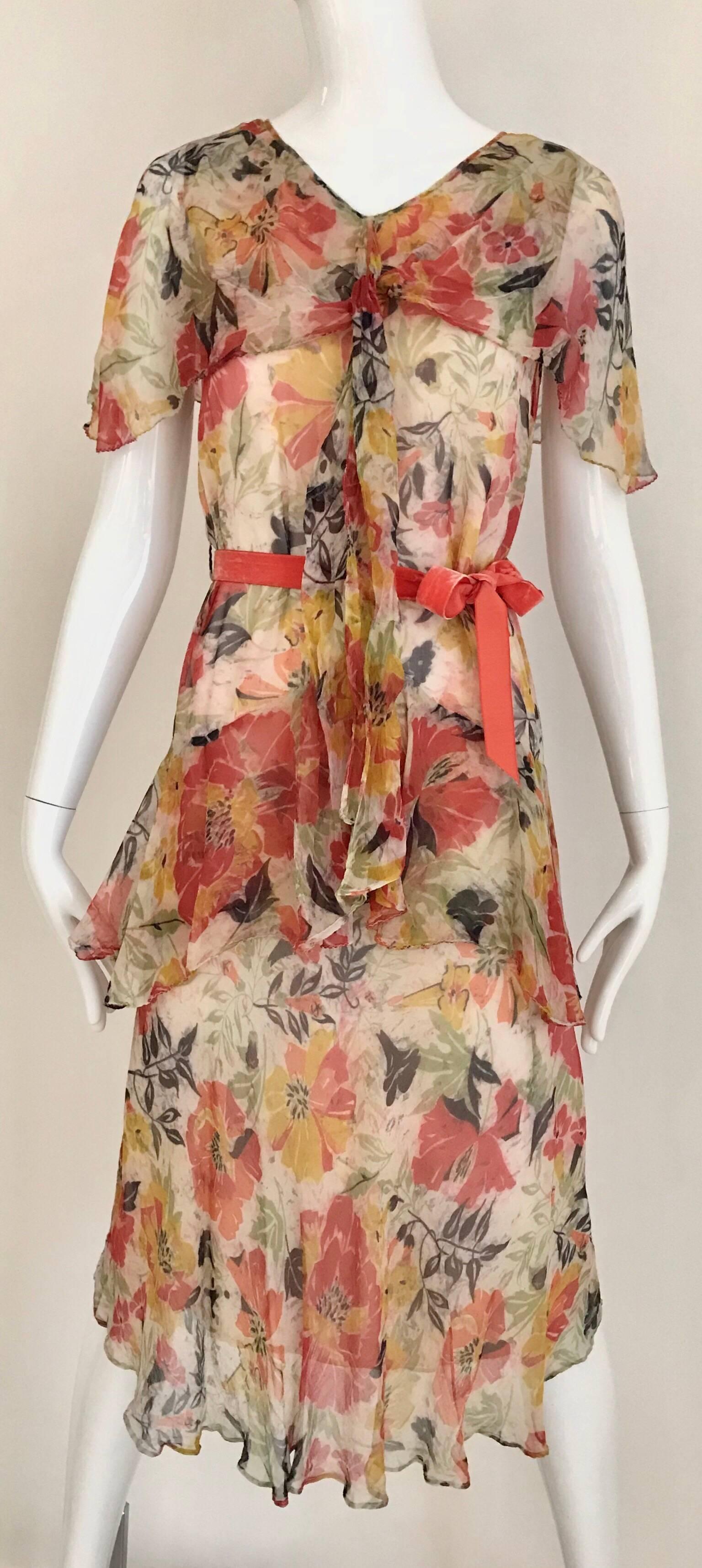 1920s Floral Print Silk Chiffon Summer Day Dress In Good Condition In Beverly Hills, CA