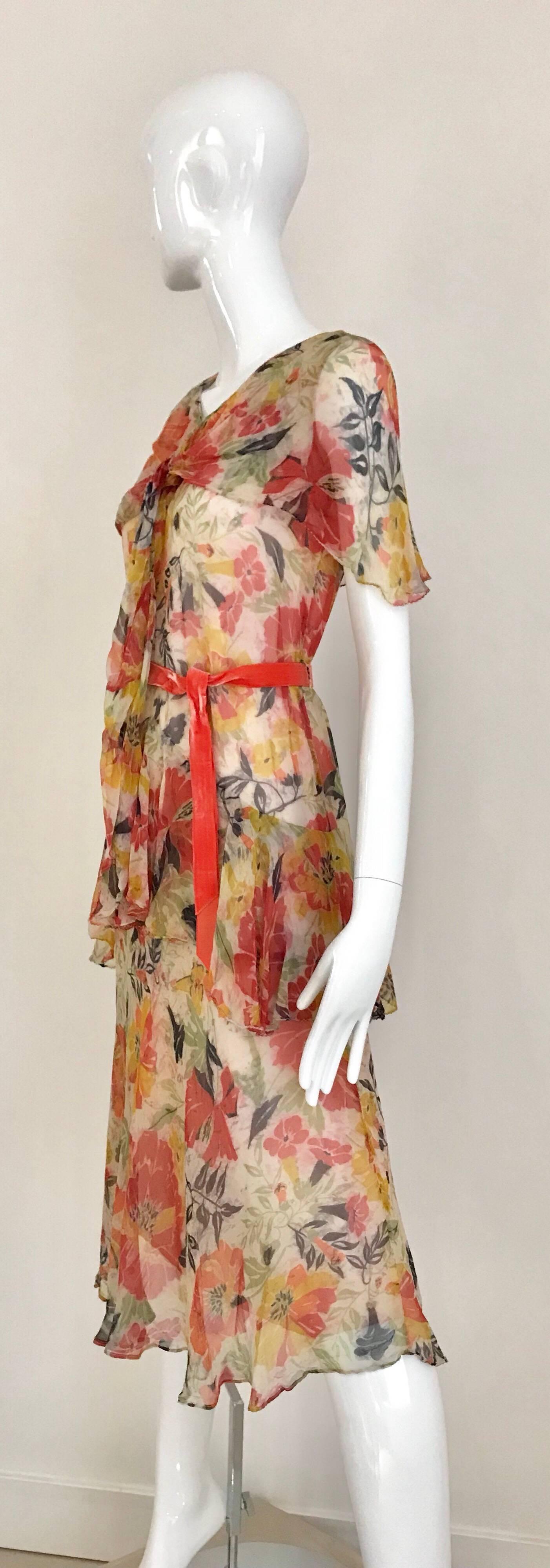 Women's 1920s Floral Print Silk Chiffon Summer Day Dress