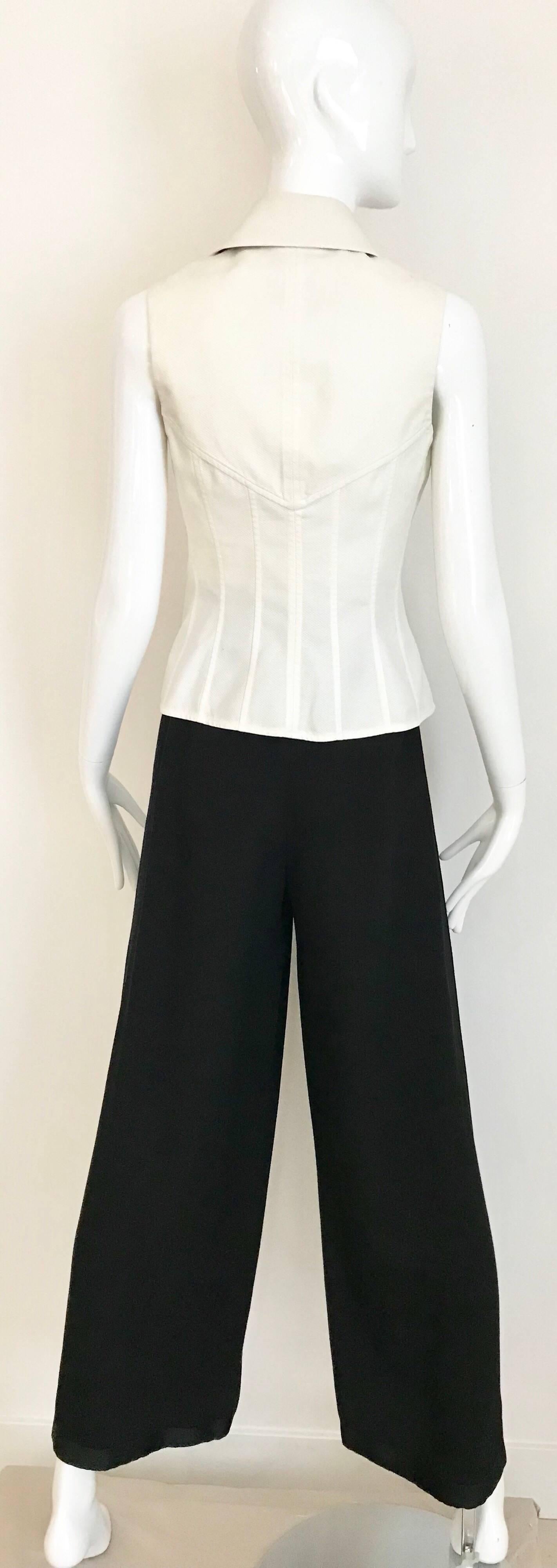 Chanel White Sleeveless Cotton Top and Black tuxedo pant suit set, 1980s  4