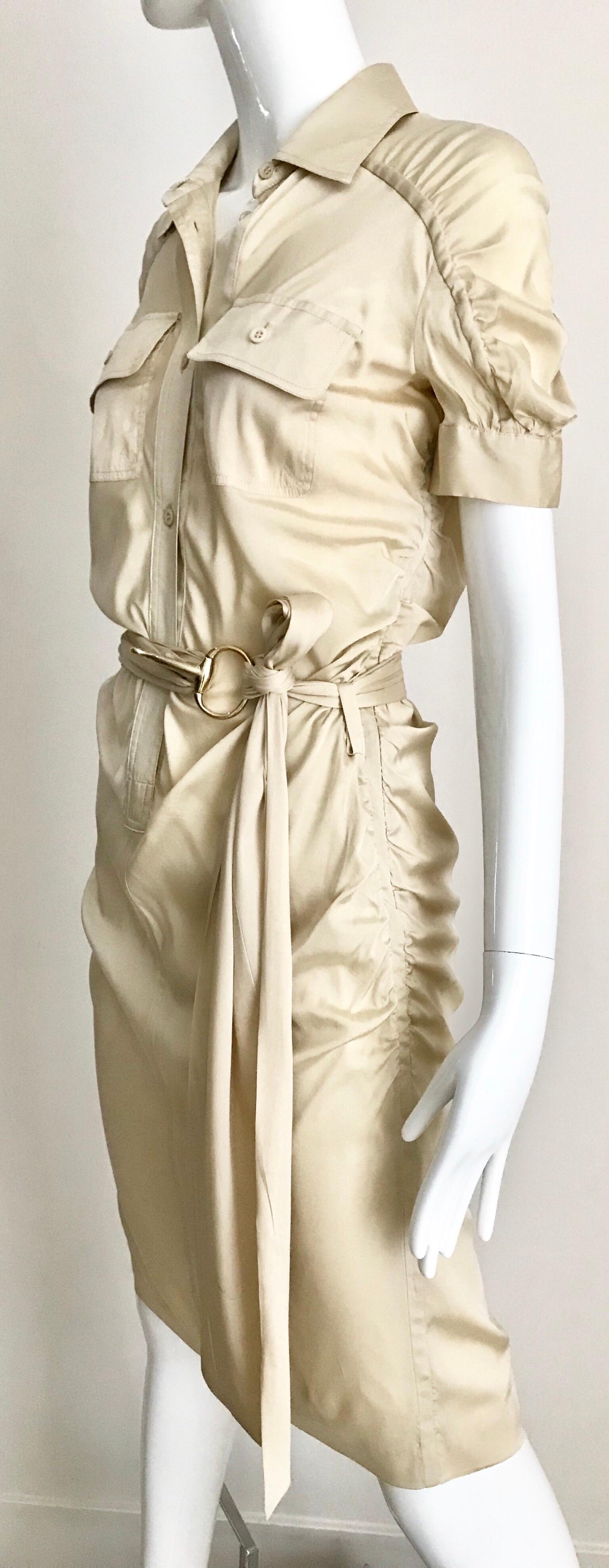 Beige Gucci  by Tom Ford Tan Silk Shirt Dress  For Sale