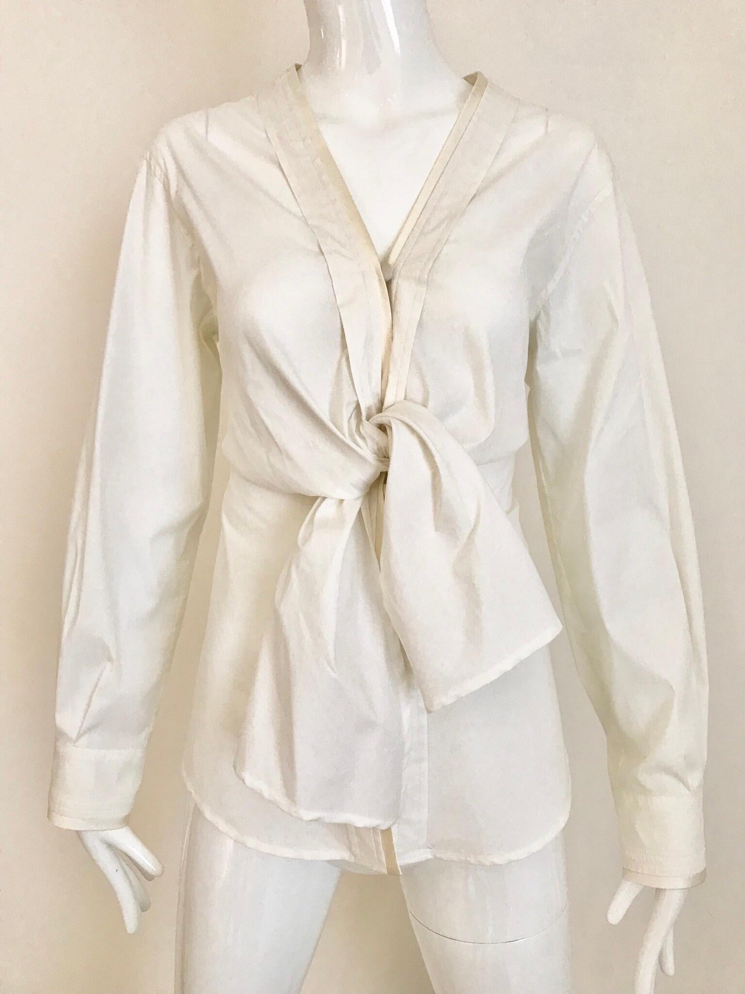Yves Saint Laurent by Tom Ford  White Cotton Tie Front Blouse For Sale 1