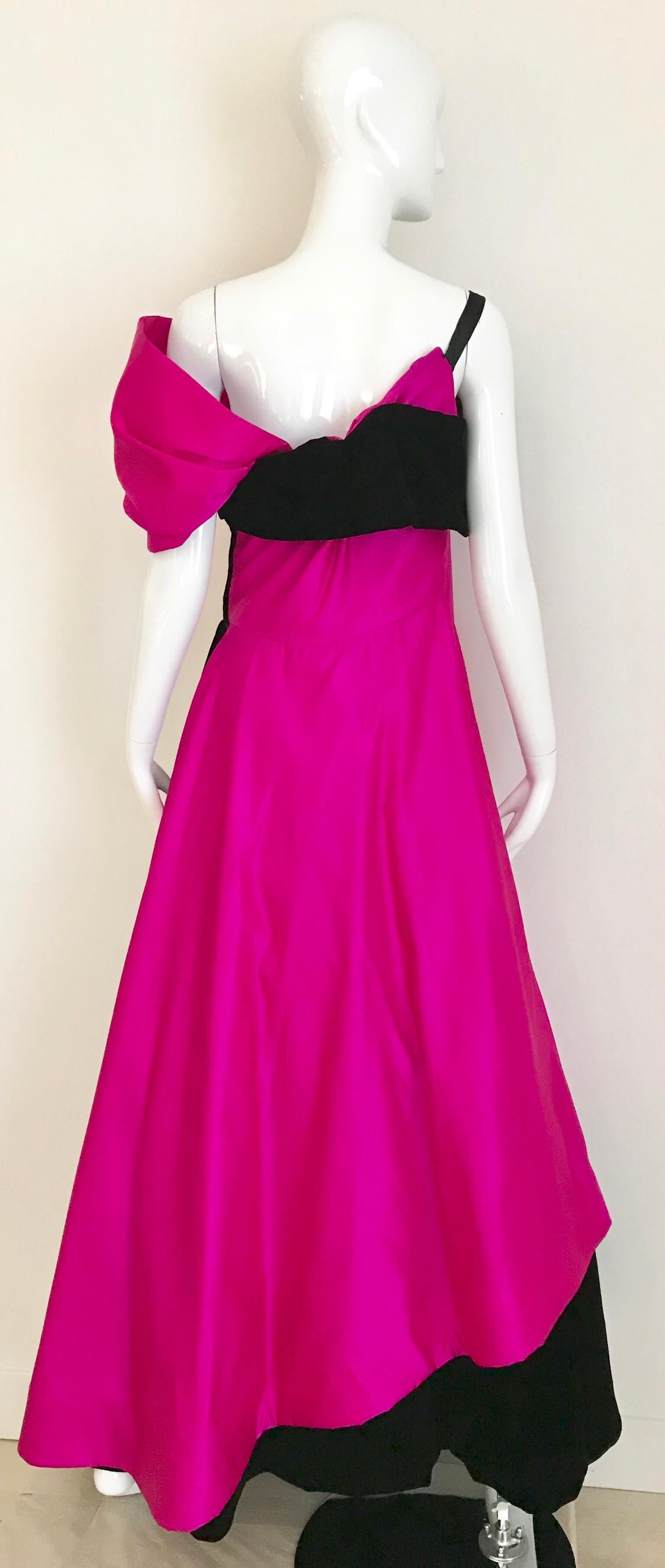 Women's Vintage Scaasi Silk Hot Pink and Black Velvet Gown