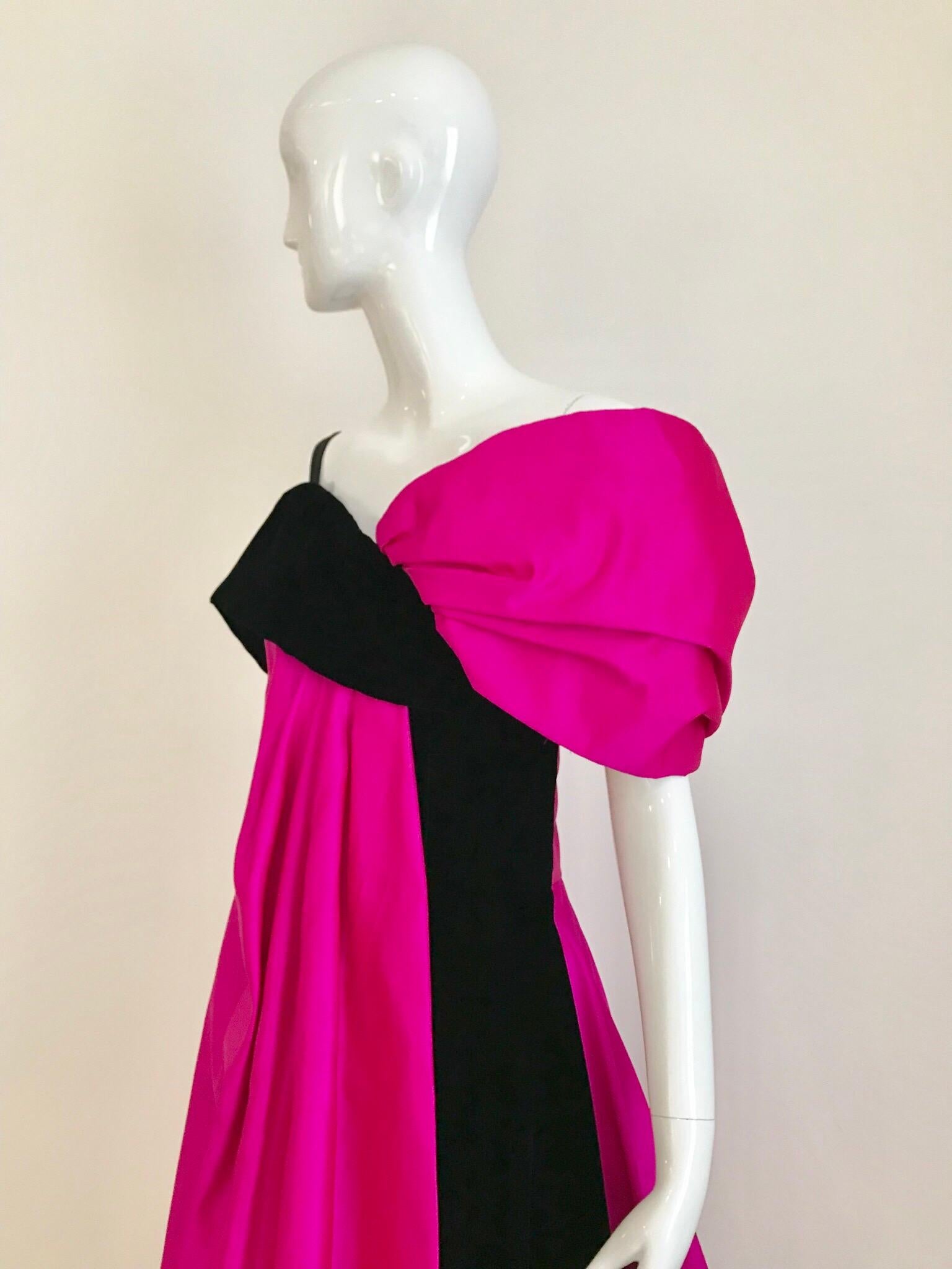 Vintage Scaasi Silk Hot Pink and Black Velvet Gown 1