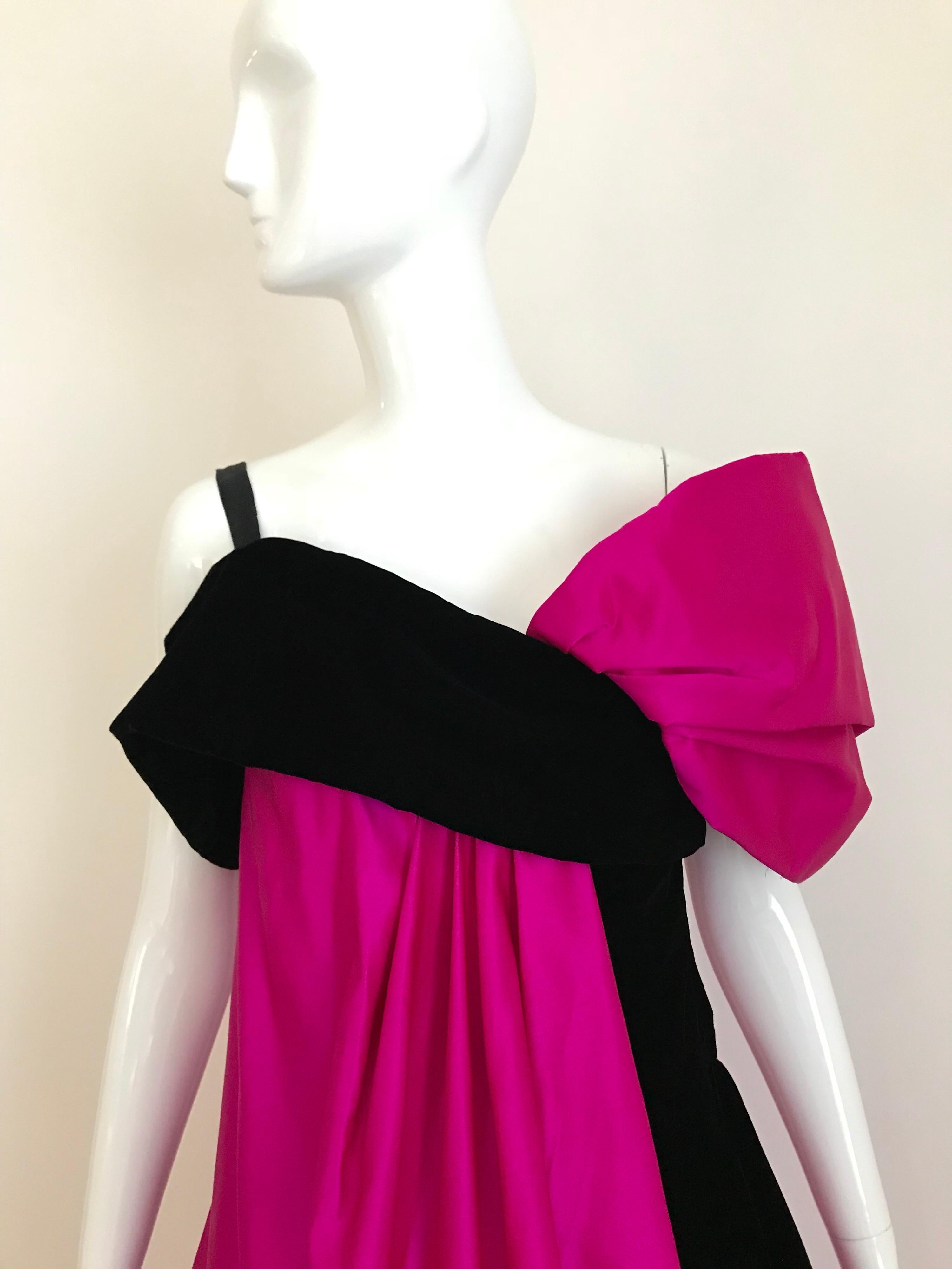 Vintage Scaasi Silk Hot Pink and Black Velvet Gown 3