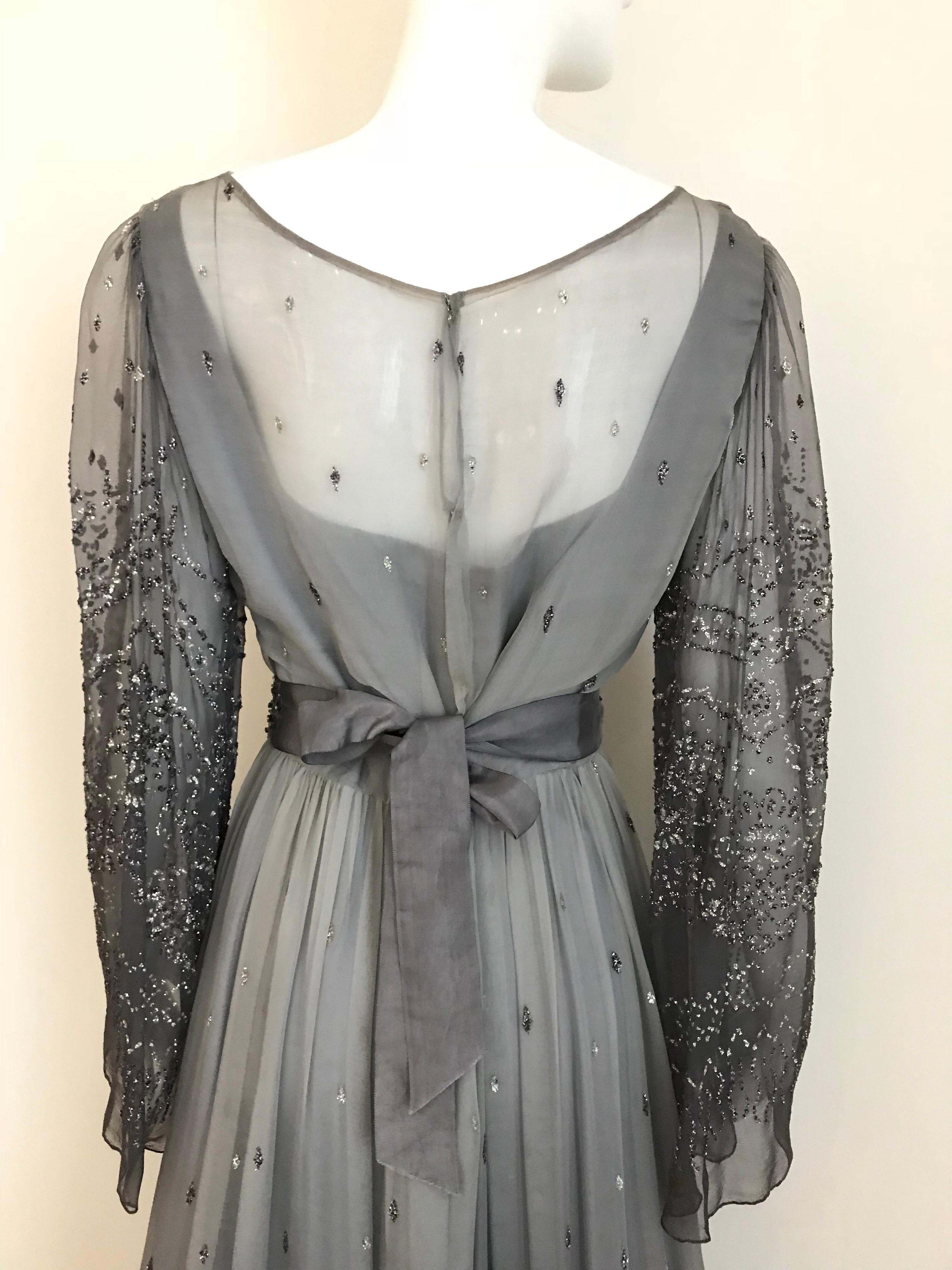 Richilene Gray Silk Chiffon Maxi Dress, 1970s  For Sale 1
