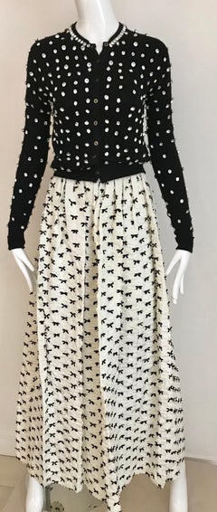 1980s Albert Capraro White Silk Maxi Skirt with Bowties Ribbon Applique