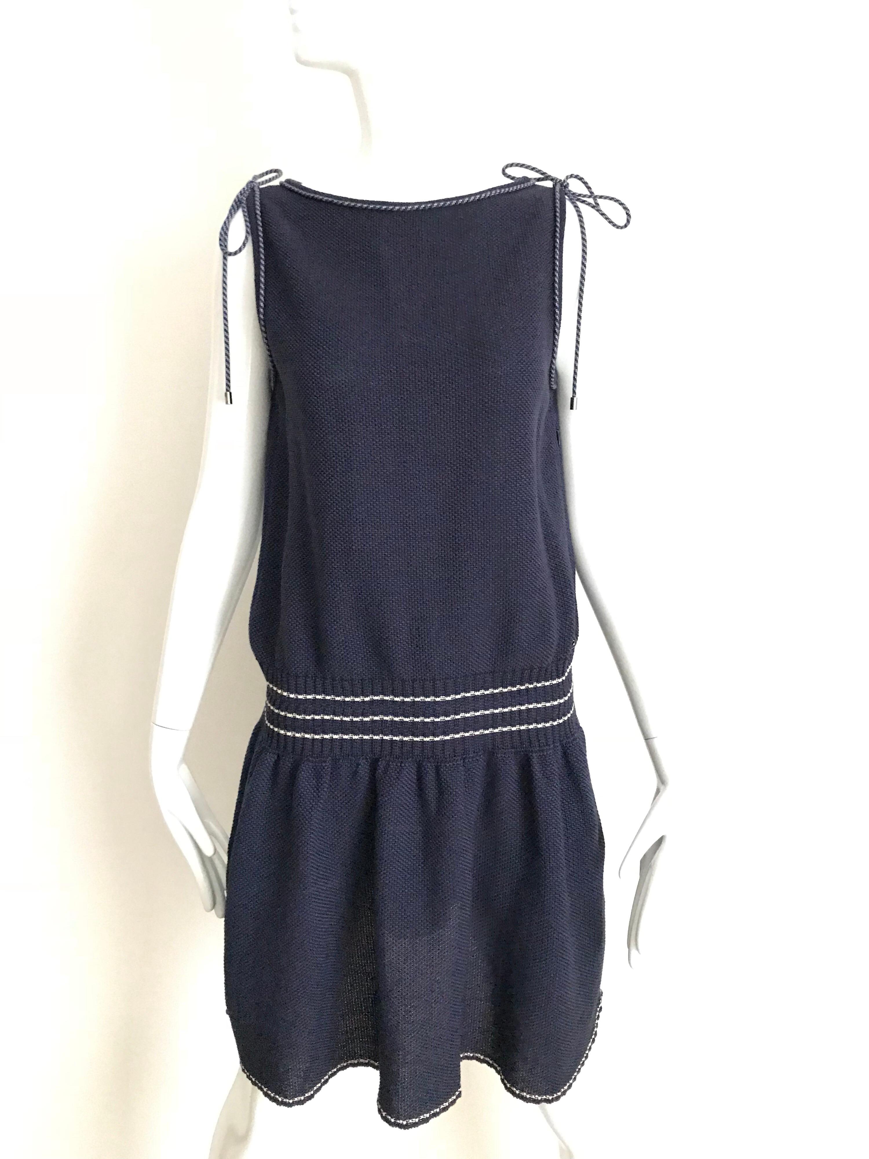 Chanel Navy Blue Knit Drop Waist Dress In Excellent Condition In Beverly Hills, CA