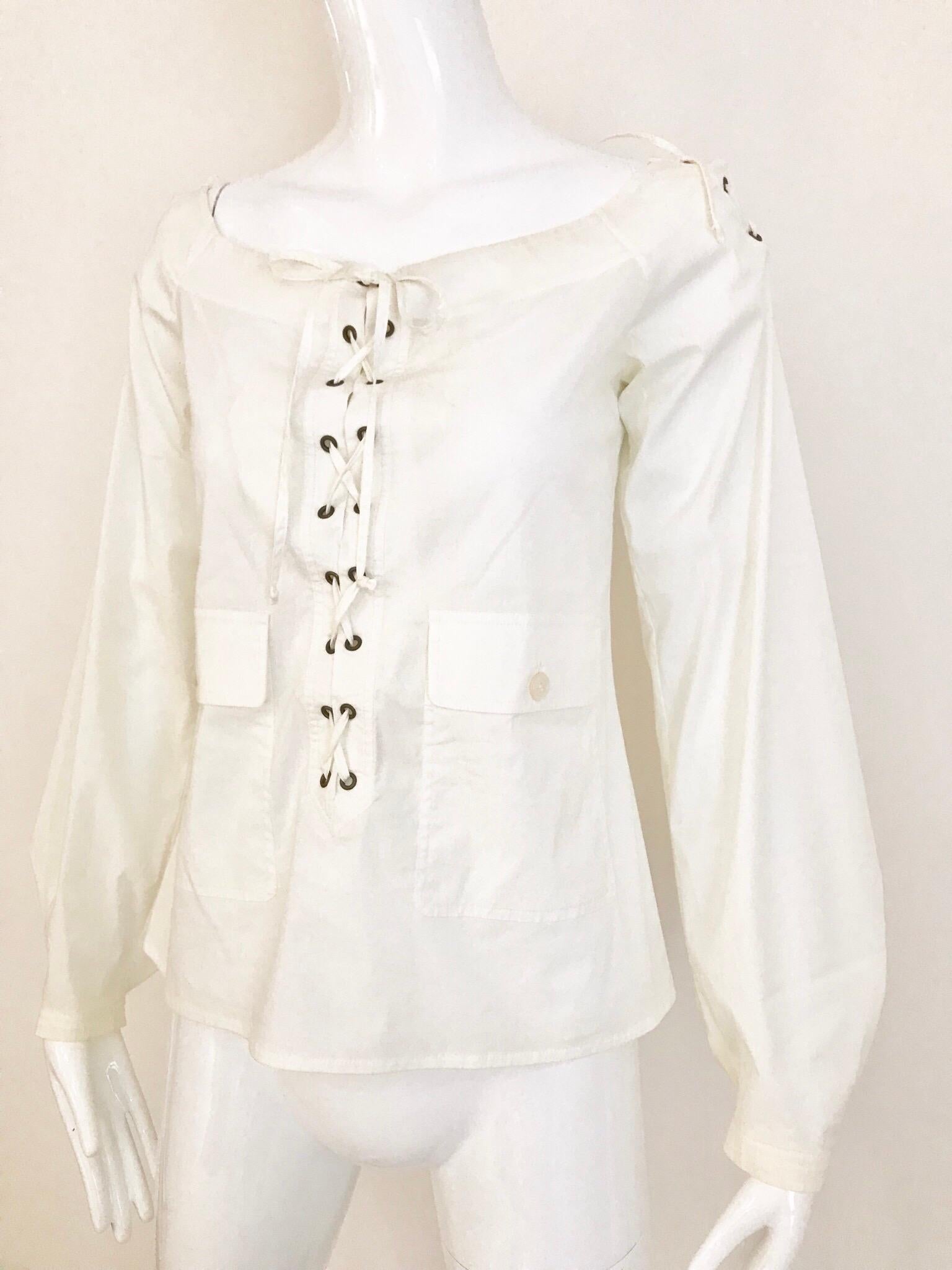 Yves Saint Laurent By Tom Ford White Cotton Off Shoulder Lace Up Blouse ...