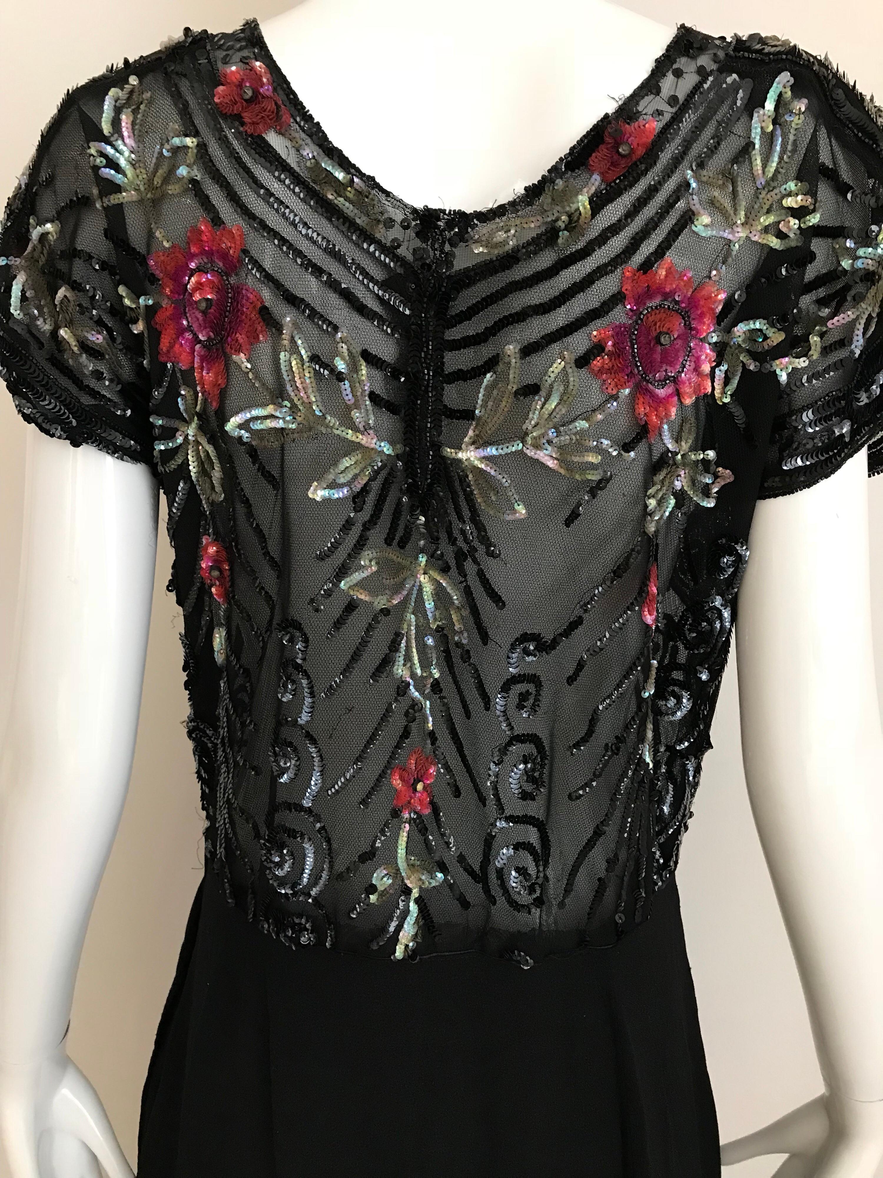 1930s Black Embroidered Sequin Crepe Cocktail Dress  im Zustand „Gut“ in Beverly Hills, CA