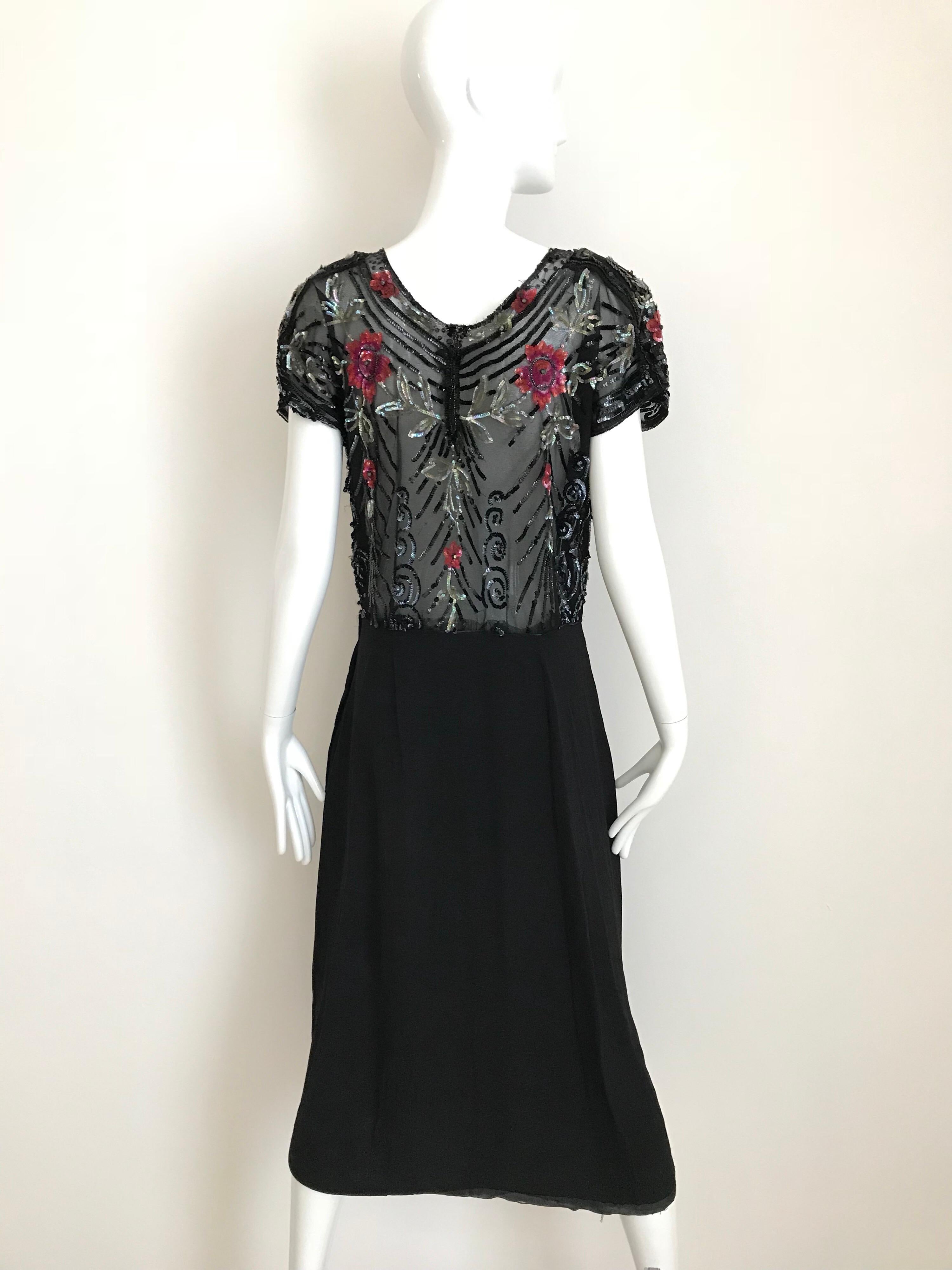 Women's 1930s Black Embroidered Sequin Crepe Cocktail Dress 