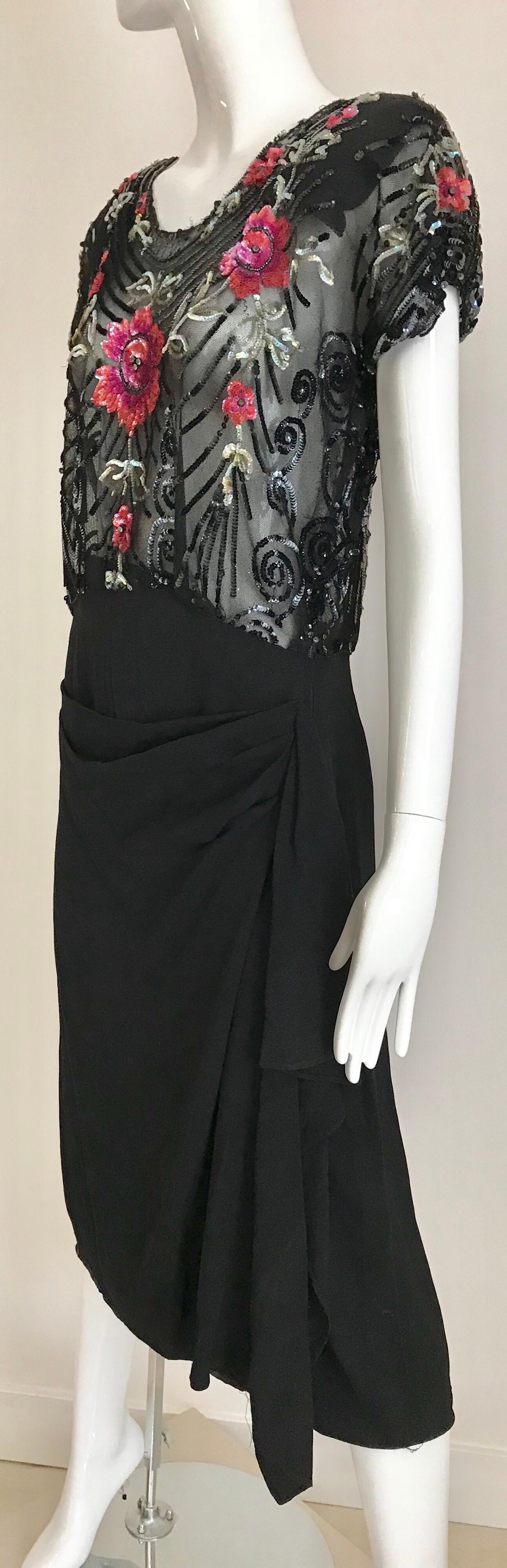 1930s Black Embroidered Sequin Crepe Cocktail Dress  2