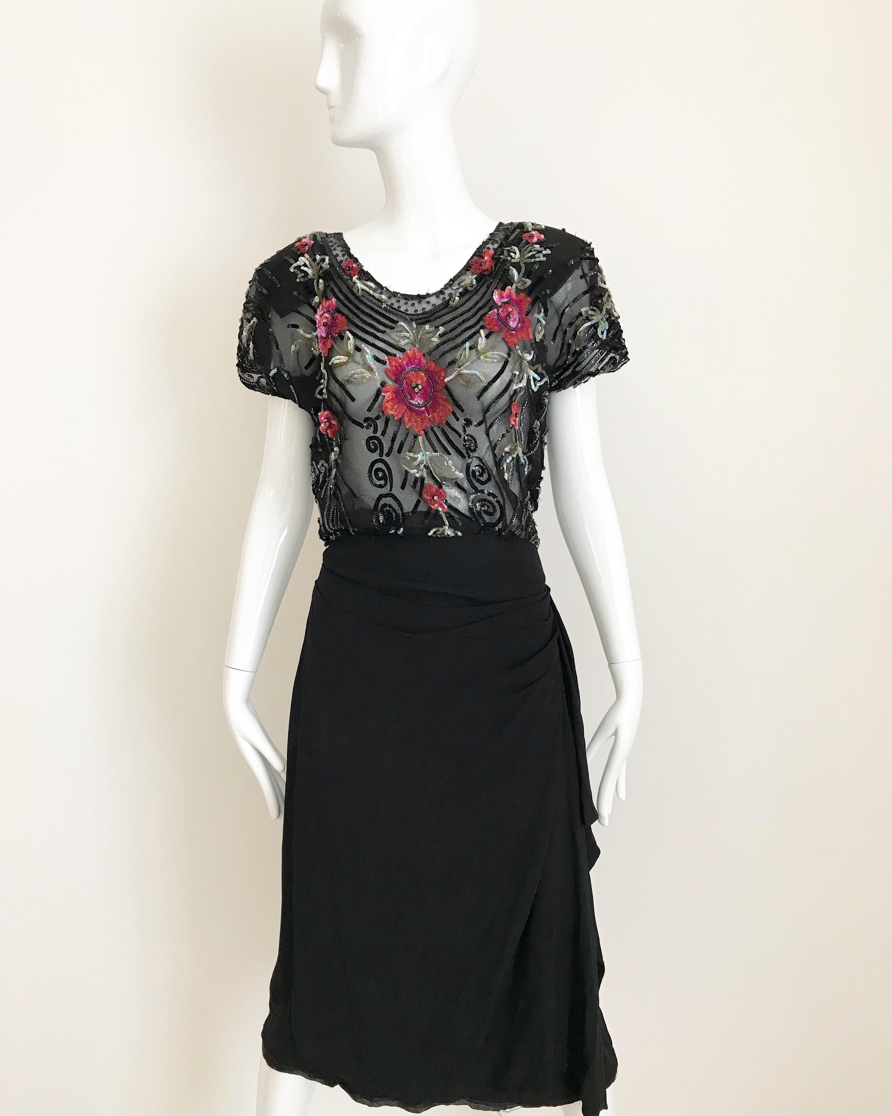 1930s Black Embroidered Sequin Crepe Cocktail Dress  5