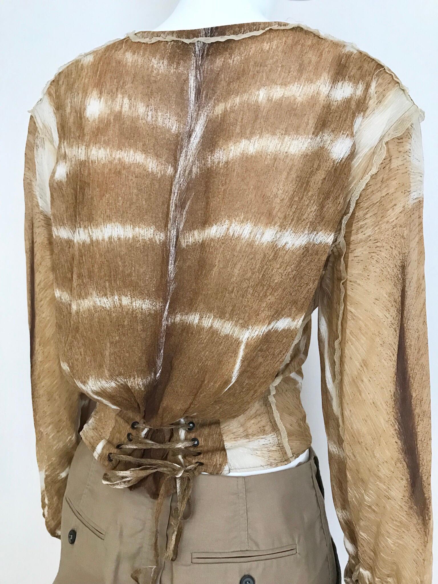 Yves Saint Laurent Brown and White  Silk Print Lace Up Blouse  3