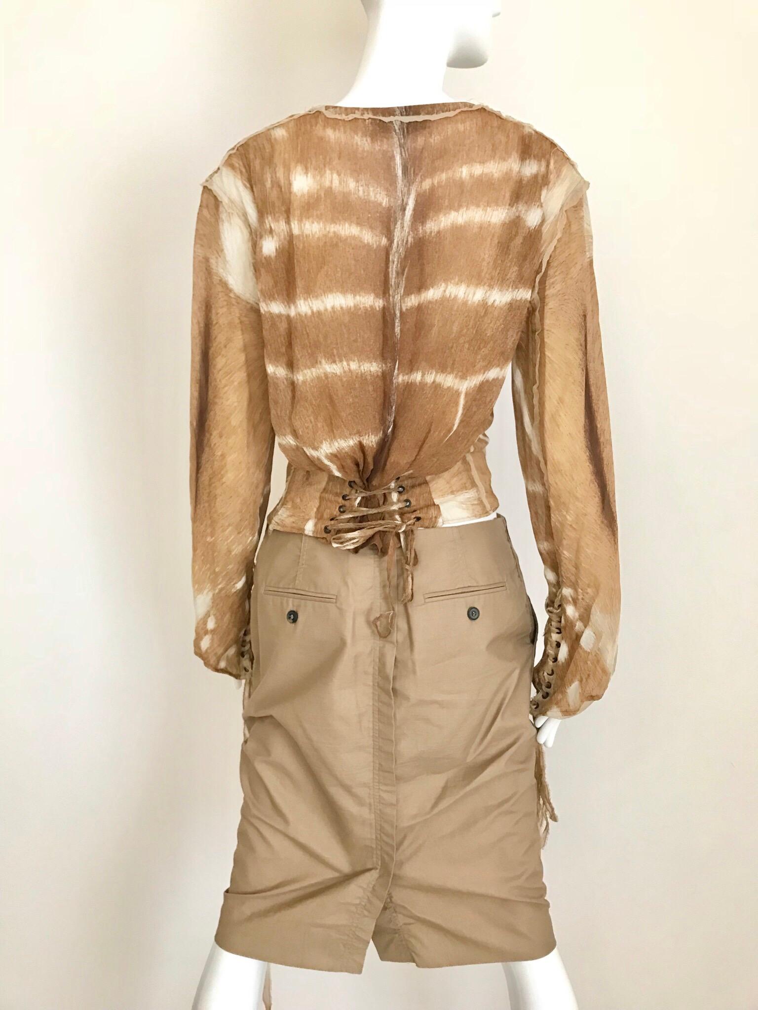 Yves Saint Laurent Brown and White  Silk Print Lace Up Blouse  4