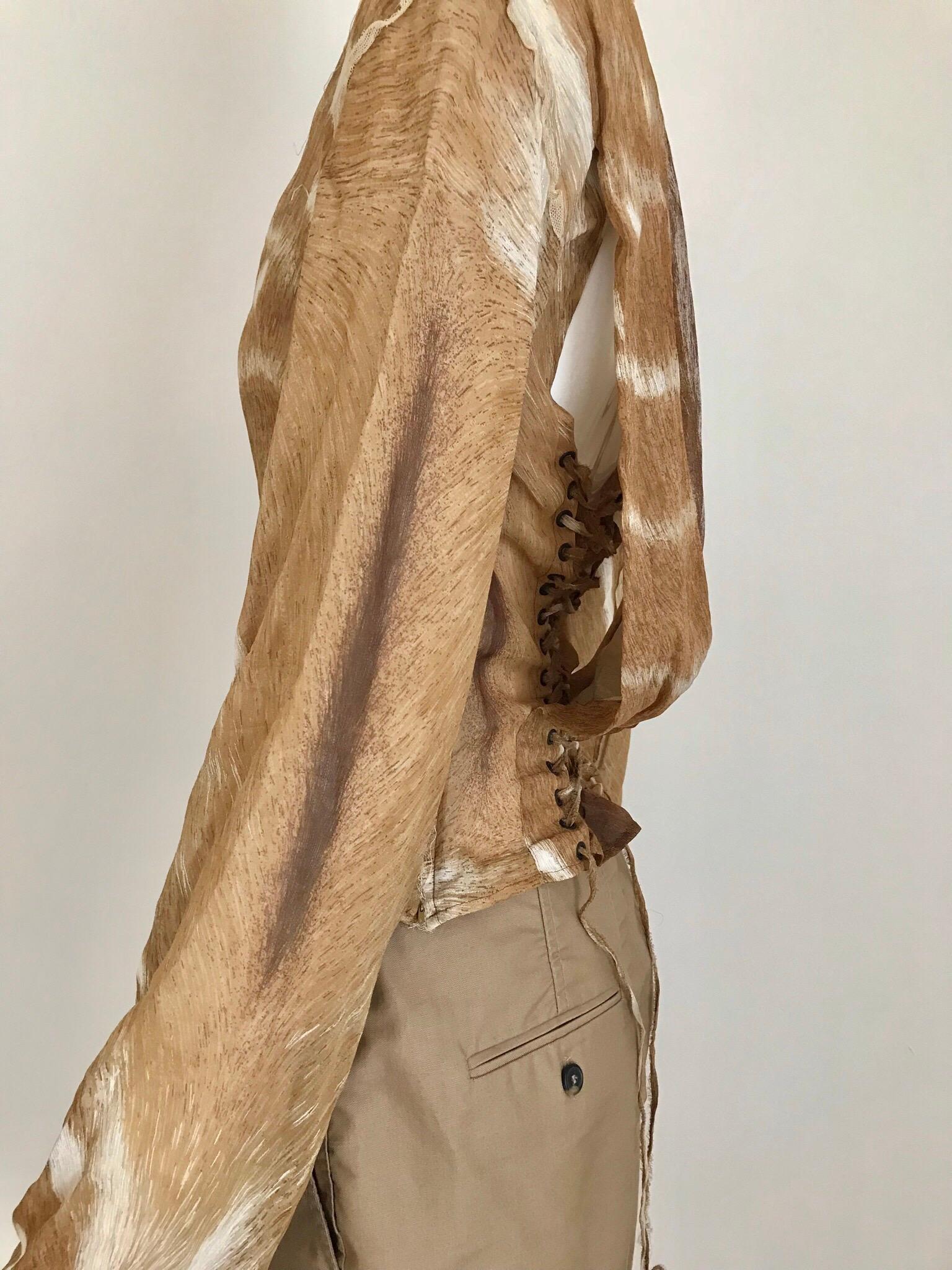Yves Saint Laurent Brown and White  Silk Print Lace Up Blouse  5