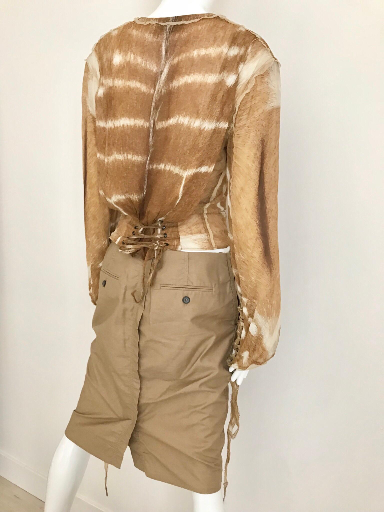 Yves Saint Laurent Brown and White  Silk Print Lace Up Blouse  6