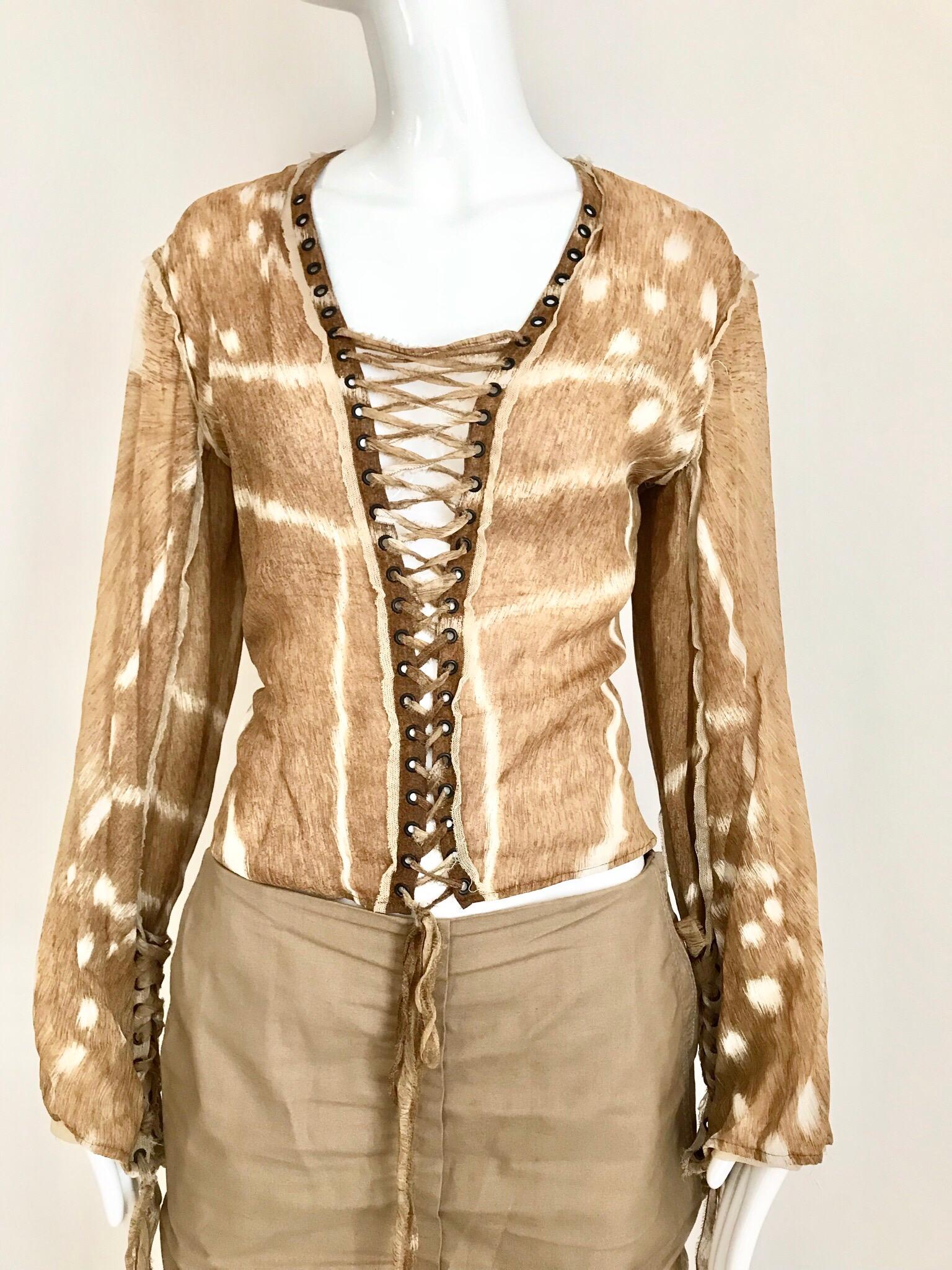 Yves Saint Laurent Brown and White  Silk Print Lace Up Blouse  7