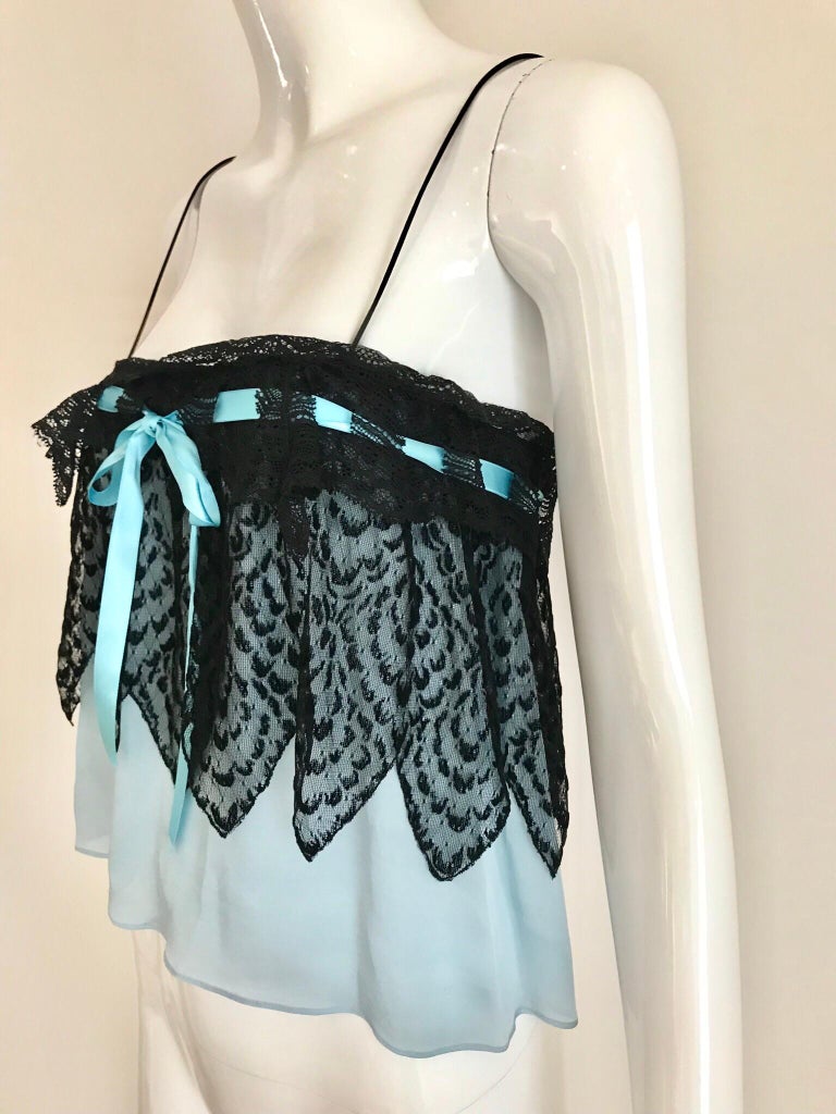 Yves Saint Laurent Blue and Black Silk Lace Spaghetti Strap Blouse  In Excellent Condition For Sale In Beverly Hills, CA